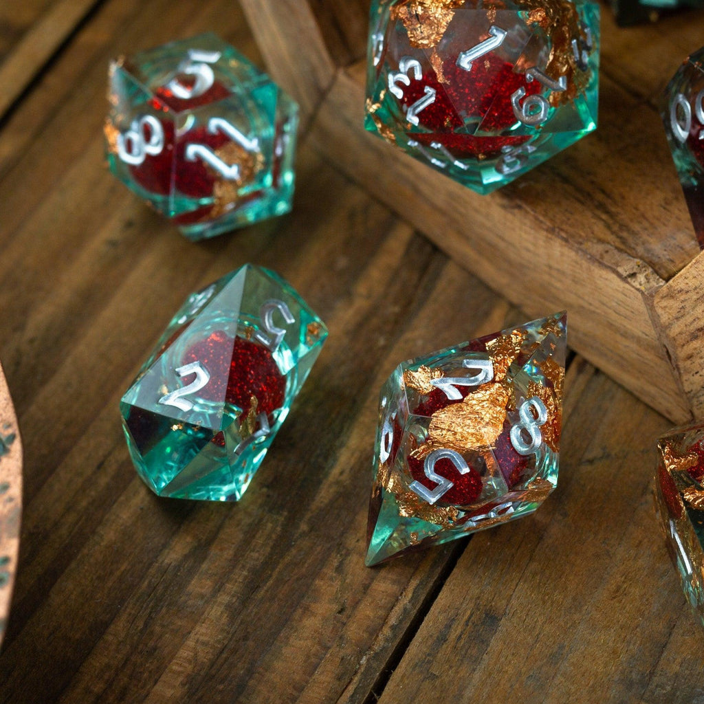 Red And Gold Glitter Liquid Core Handmade Resin DND Dice Set - The misfit market