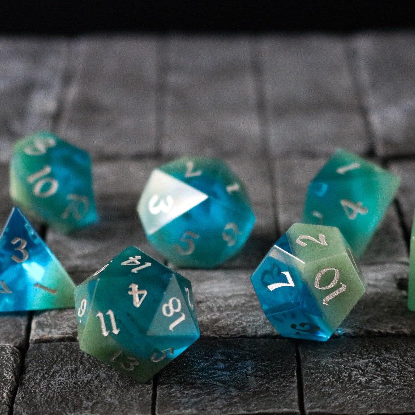 Synthetic Gemstone Two Tone Blue/Green Hand Carved DND Dice Set - The misfit market