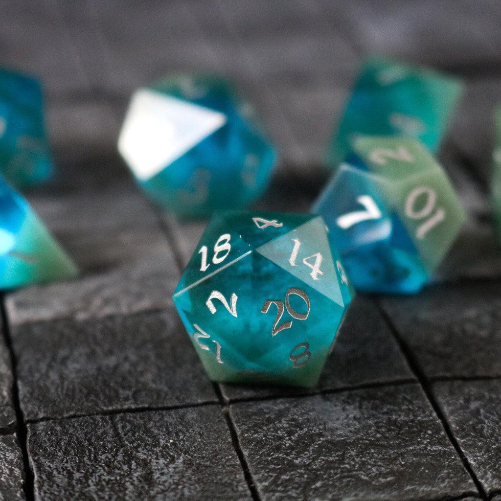 Synthetic Gemstone Two Tone Blue/Green Hand Carved DND Dice Set - The misfit market
