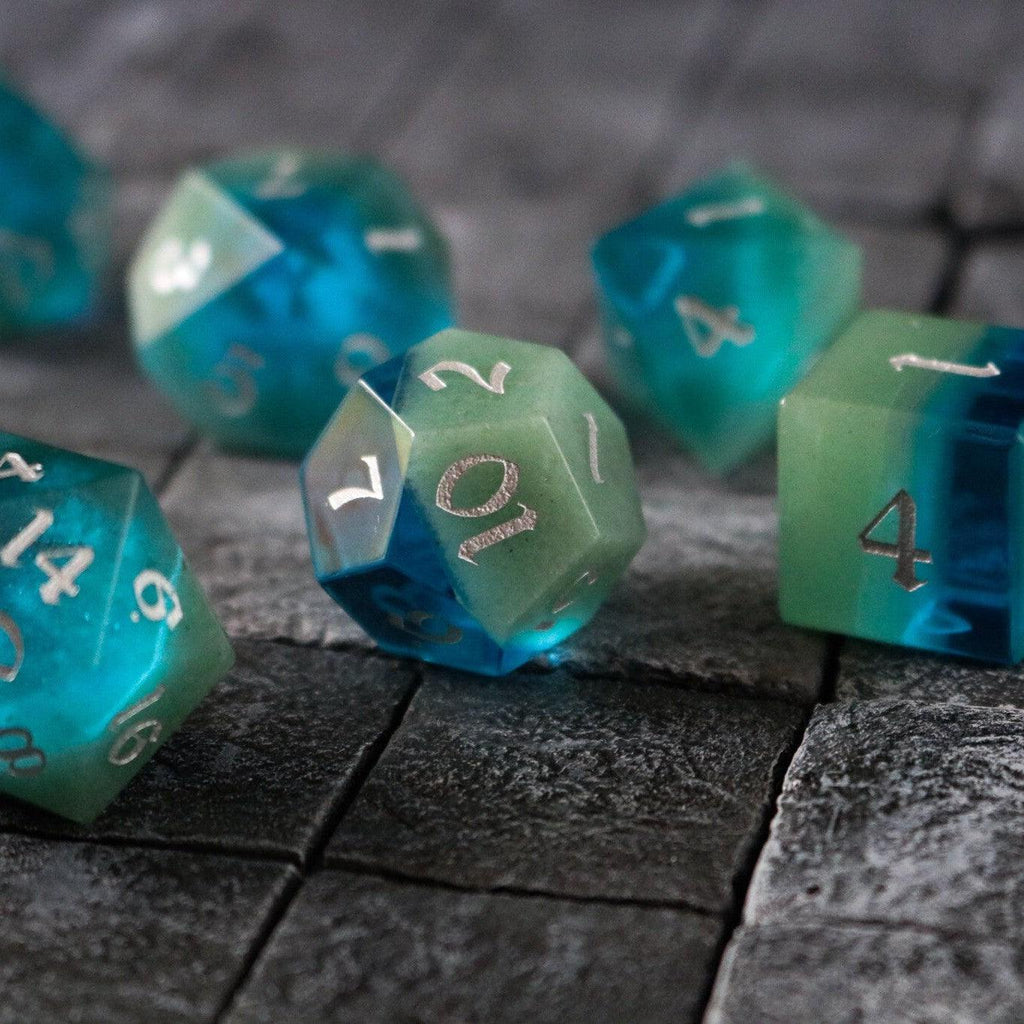 Synthetic Gemstone Two Tone Blue/Green Hand Carved DND Dice Set - The misfit market