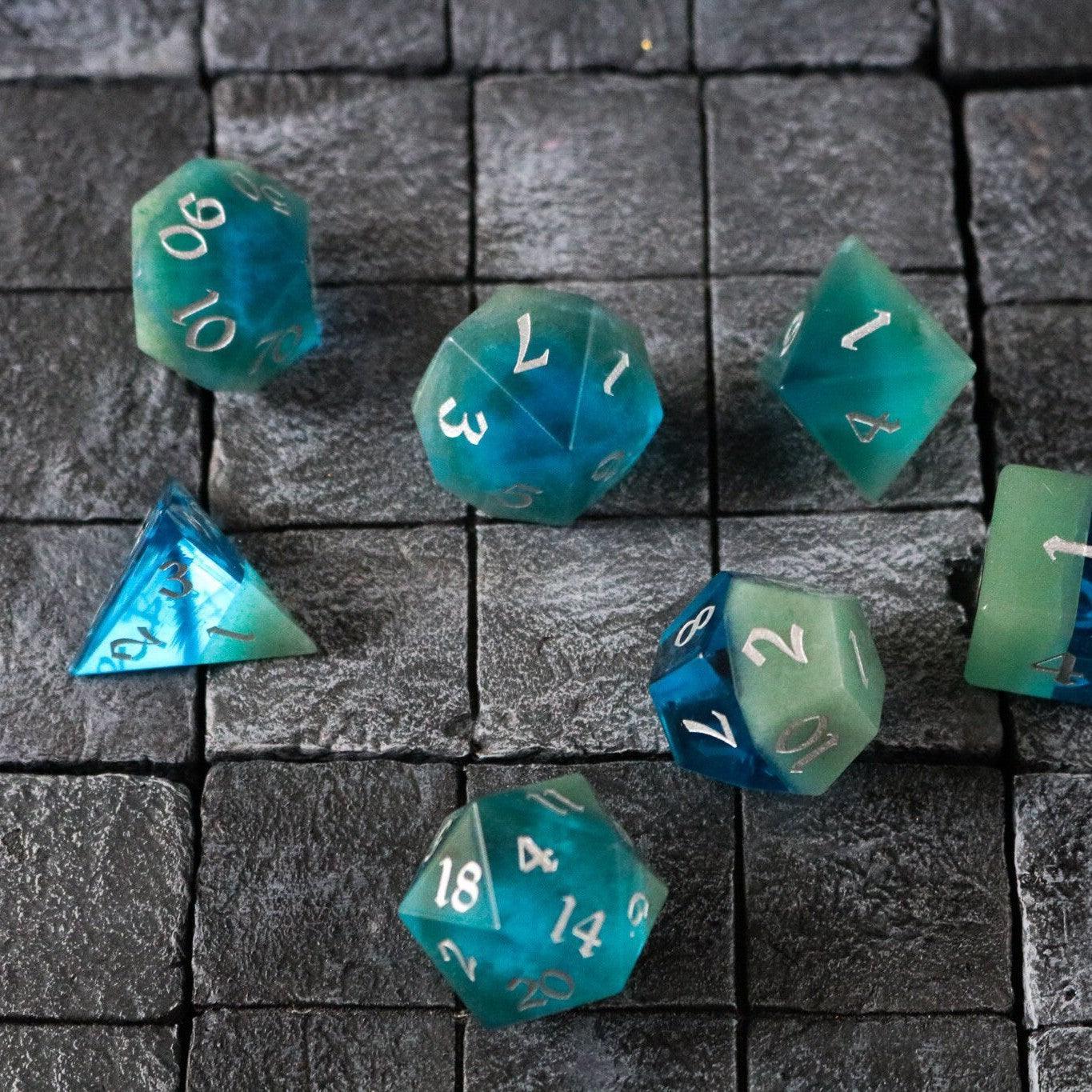 Synthetic Gemstone Two Tone Blue/Green Hand Carved DND Dice Set - The misfit market