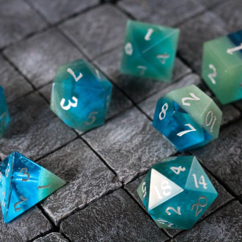 Synthetic Gemstone Two Tone Blue/Green Hand Carved DND Dice Set - The misfit market