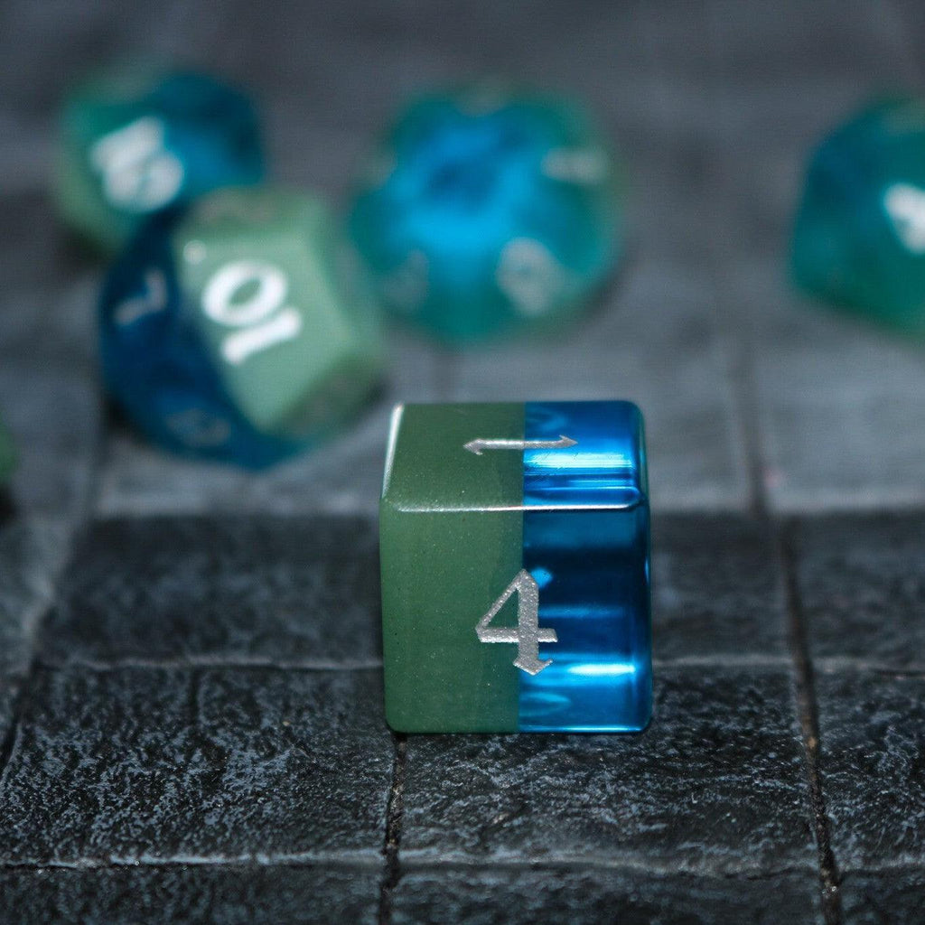 Synthetic Gemstone Two Tone Blue/Green Hand Carved DND Dice Set - The misfit market