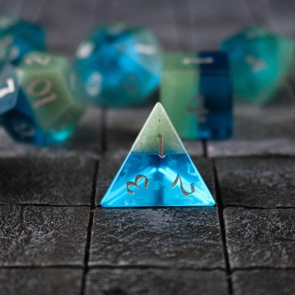 Synthetic Gemstone Two Tone Blue/Green Hand Carved DND Dice Set - The misfit market