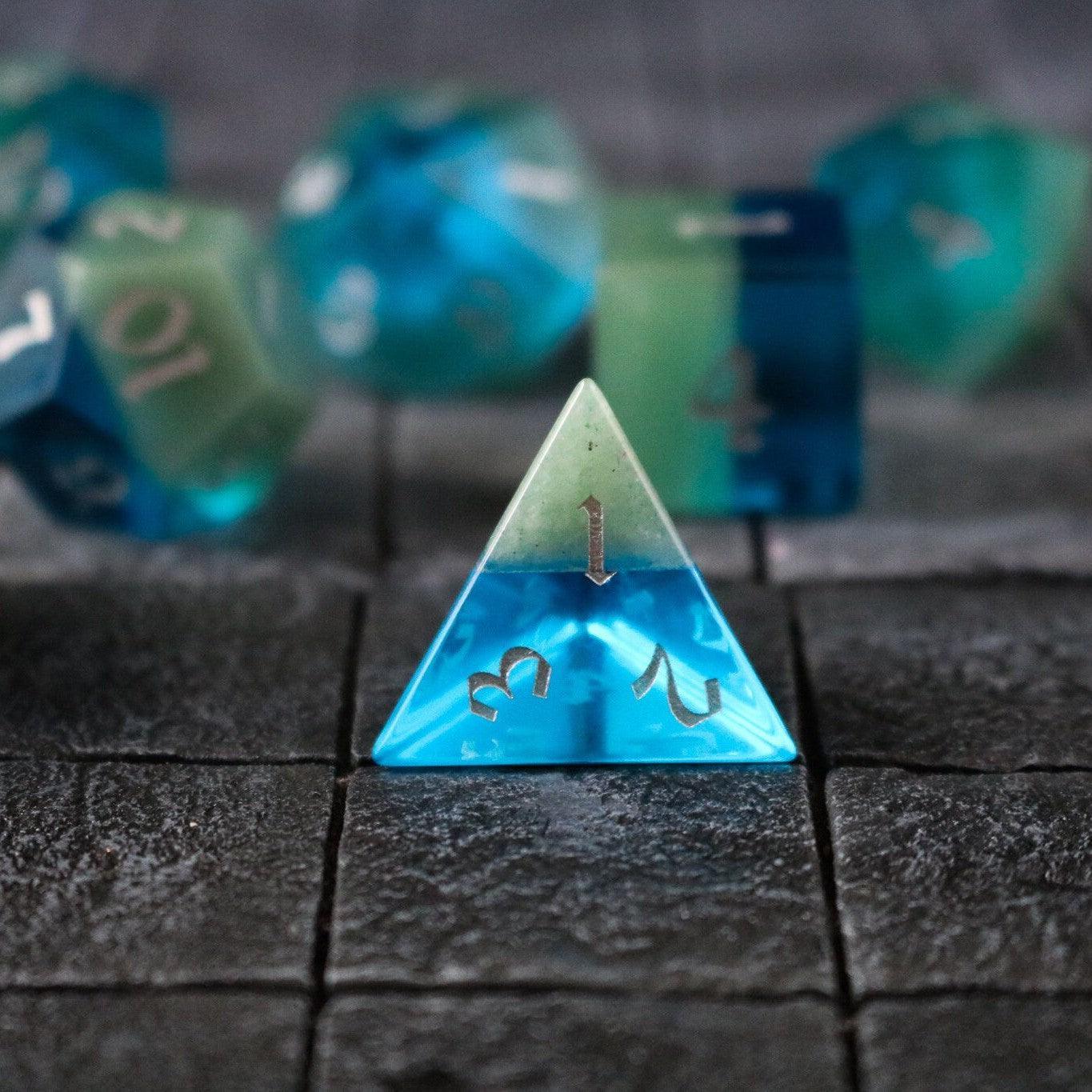 Synthetic Gemstone Two Tone Blue/Green Hand Carved DND Dice Set - The misfit market