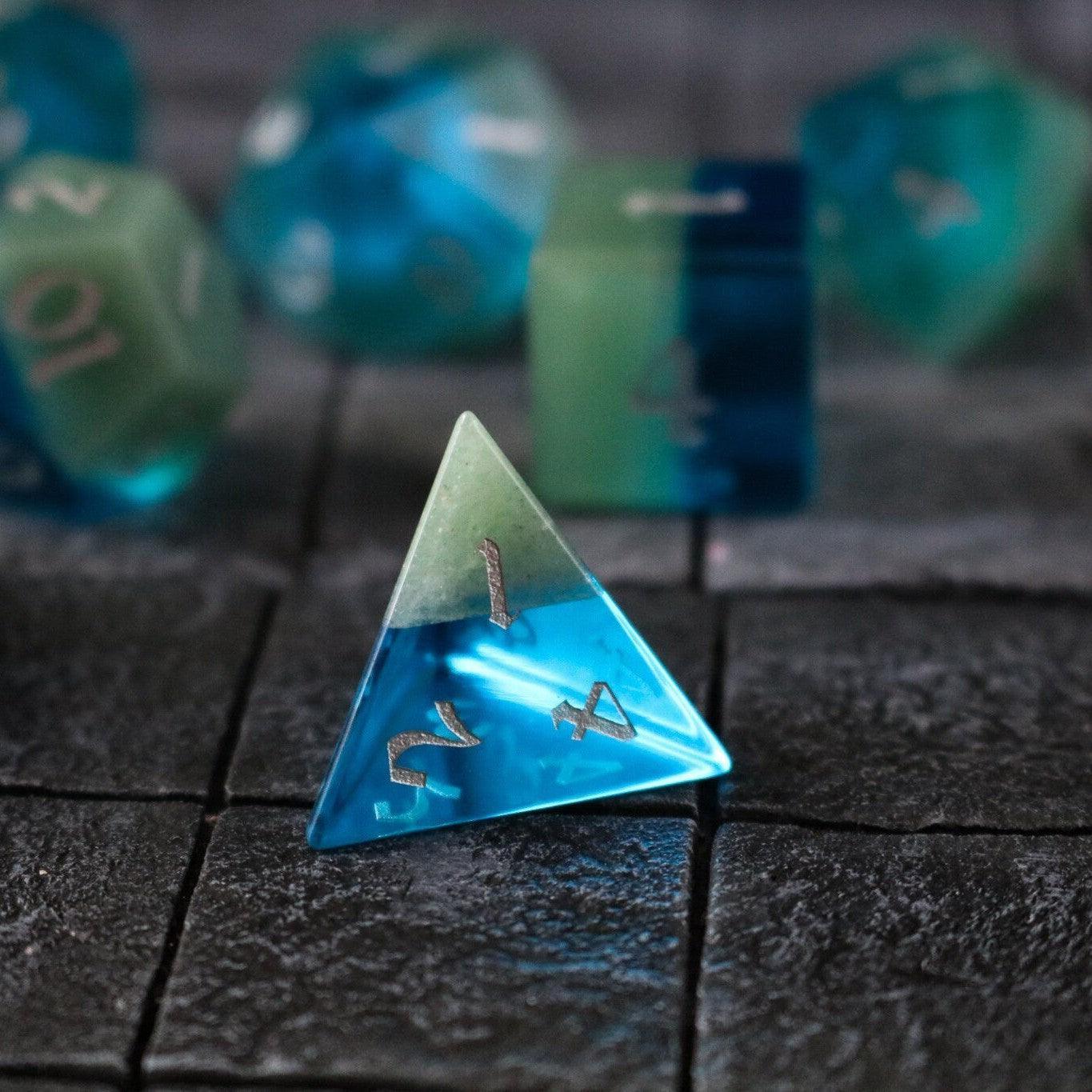 Synthetic Gemstone Two Tone Blue/Green Hand Carved DND Dice Set - The misfit market