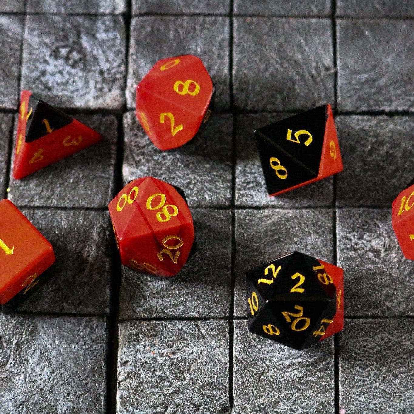 Synthetic Gemstone Two Tone Red/Black Hand Carved DND Dice Set - The misfit market