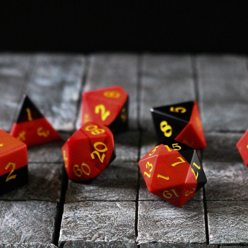 Synthetic Gemstone Two Tone Red/Black Hand Carved DND Dice Set - The misfit market
