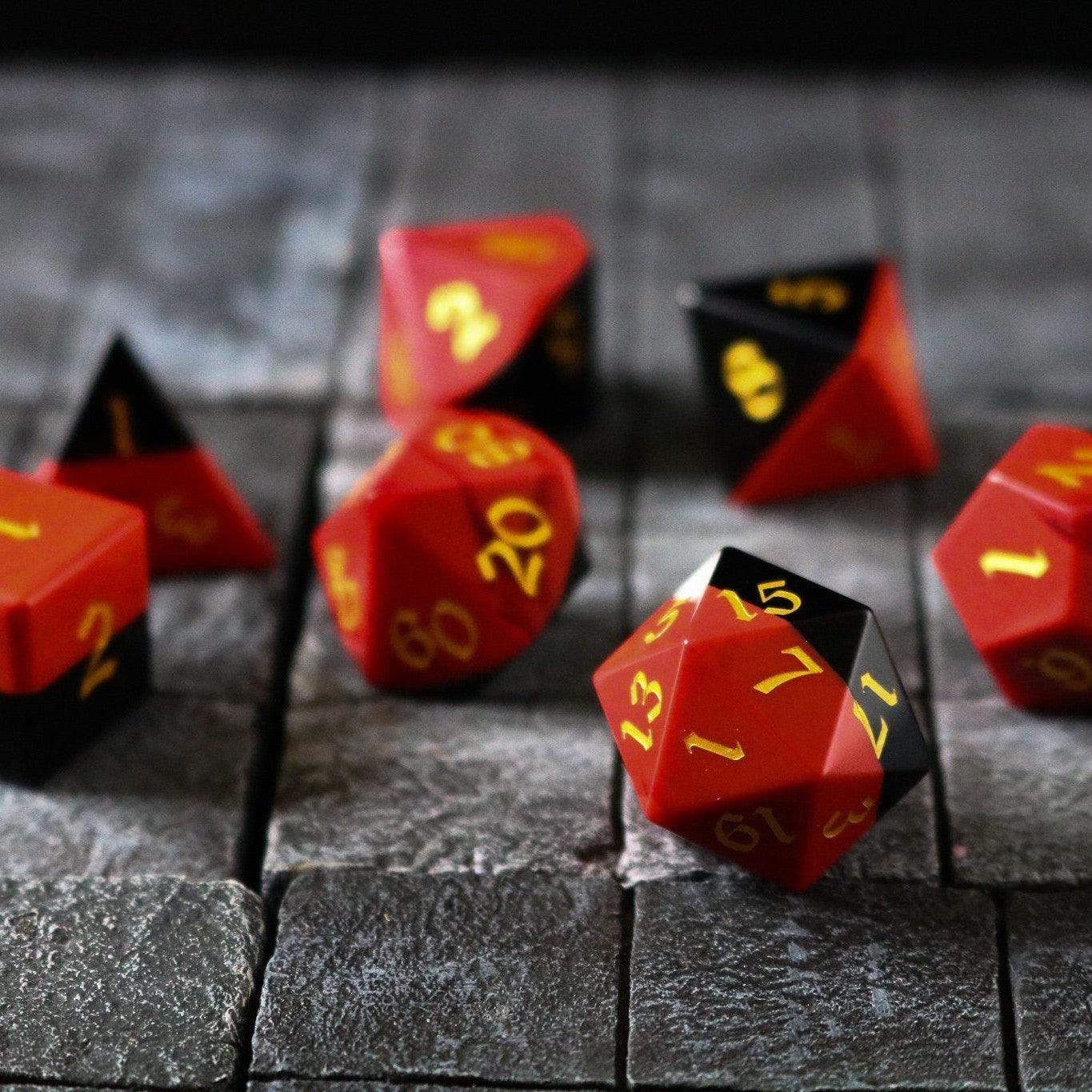 Synthetic Gemstone Two Tone Red/Black Hand Carved DND Dice Set - The misfit market