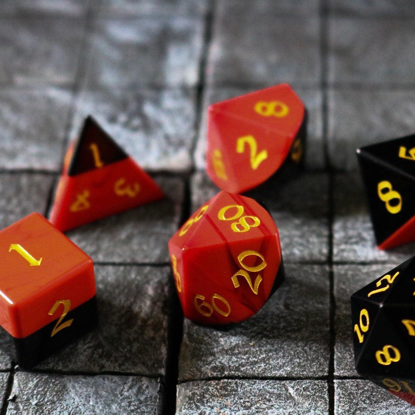 Synthetic Gemstone Two Tone Red/Black Hand Carved DND Dice Set - The misfit market