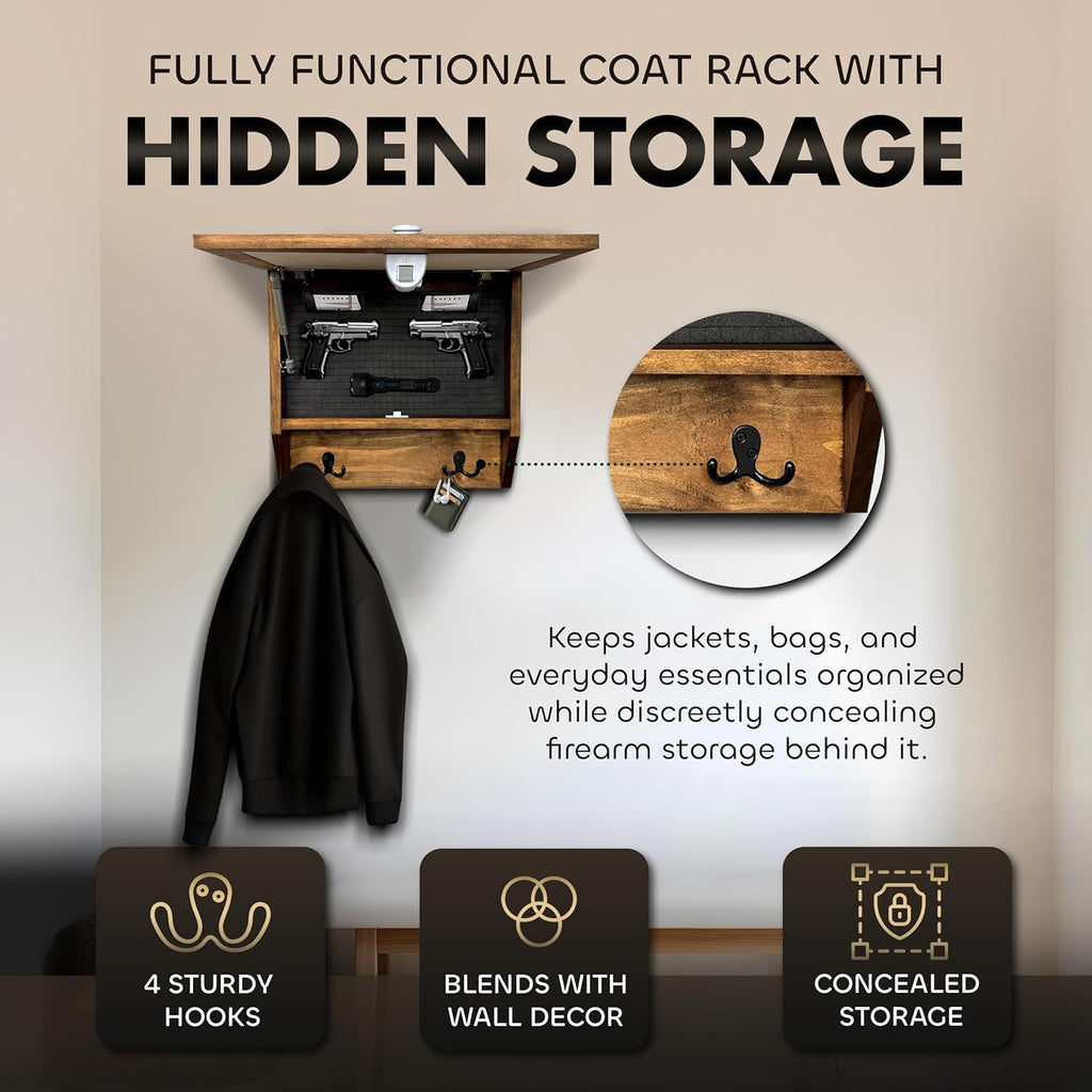 Tropical Paradise Hidden Gun Storage Coat Rack with Hooks for Coats, Bags, & Hats - Quick Access Concealment Shelf with Magnetic Lock - Handcrafted Gun Concealment Furniture - The misfit market