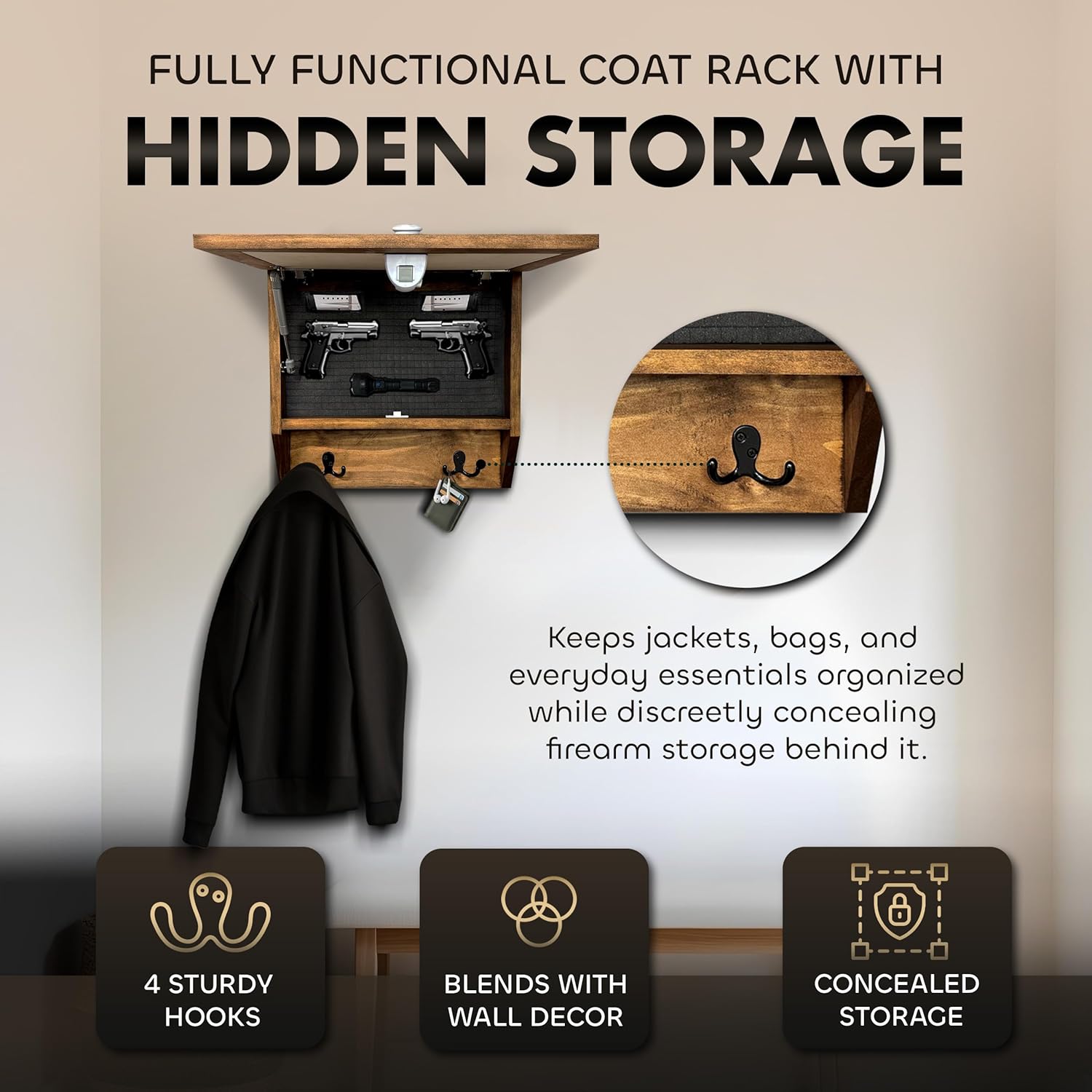 Tropical Paradise Hidden Gun Storage Coat Rack with Hooks for Coats, Bags, & Hats - Quick Access Concealment Shelf with Magnetic Lock - Handcrafted Gun Concealment Furniture - The misfit market