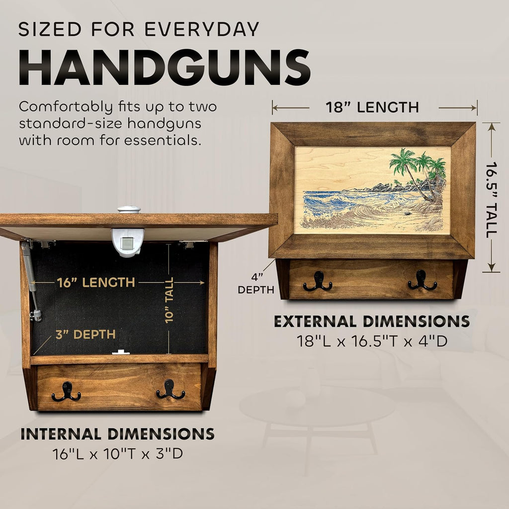 Tropical Paradise Hidden Gun Storage Coat Rack with Hooks for Coats, Bags, & Hats - Quick Access Concealment Shelf with Magnetic Lock - Handcrafted Gun Concealment Furniture - The misfit market