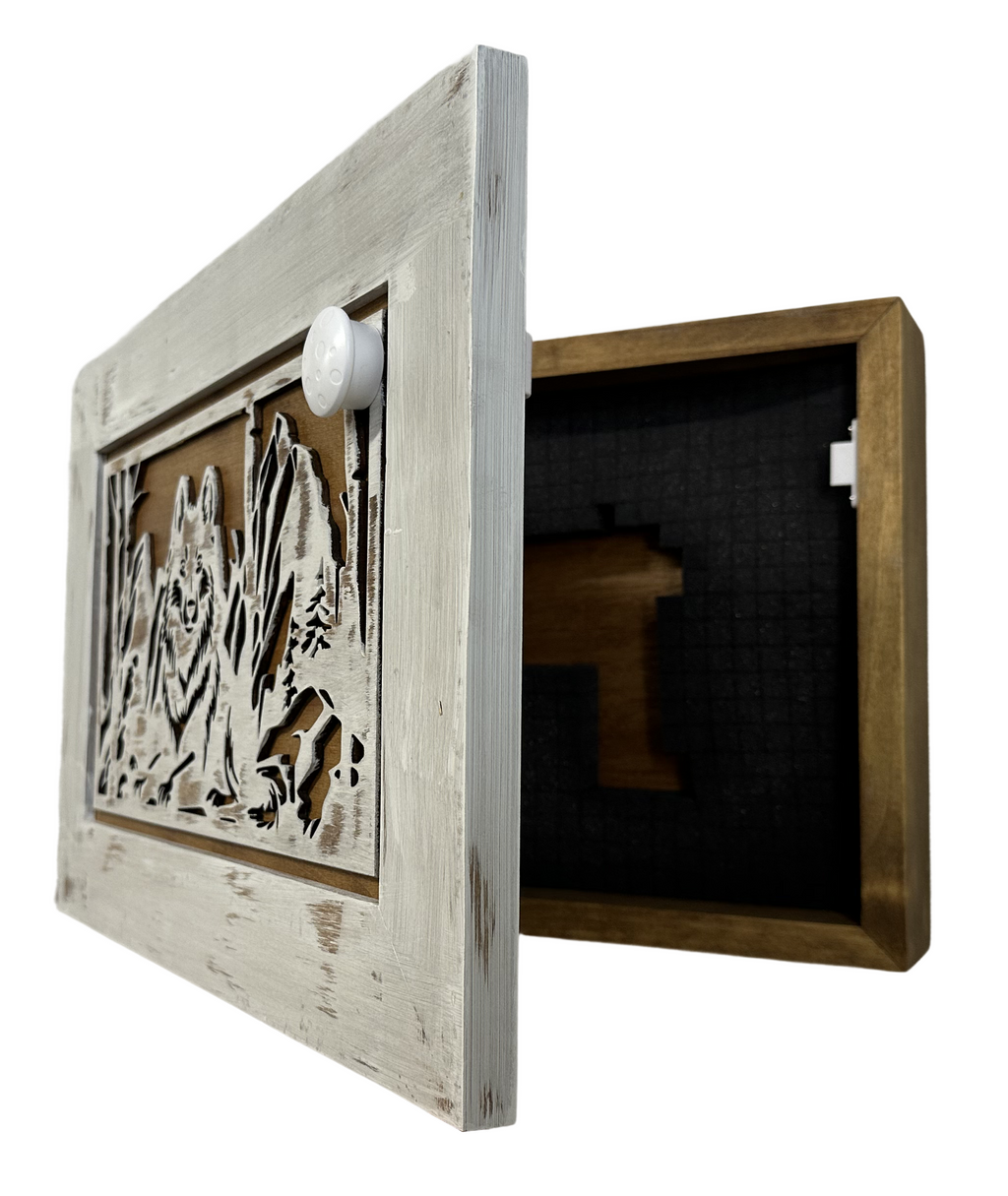 White Wolf Gun Concealment Furniture - Handcrafted Hidden Gun Storage Wall Decor - Hidden Gun Shelf with Magnetic Lock for Quick Access - The misfit market