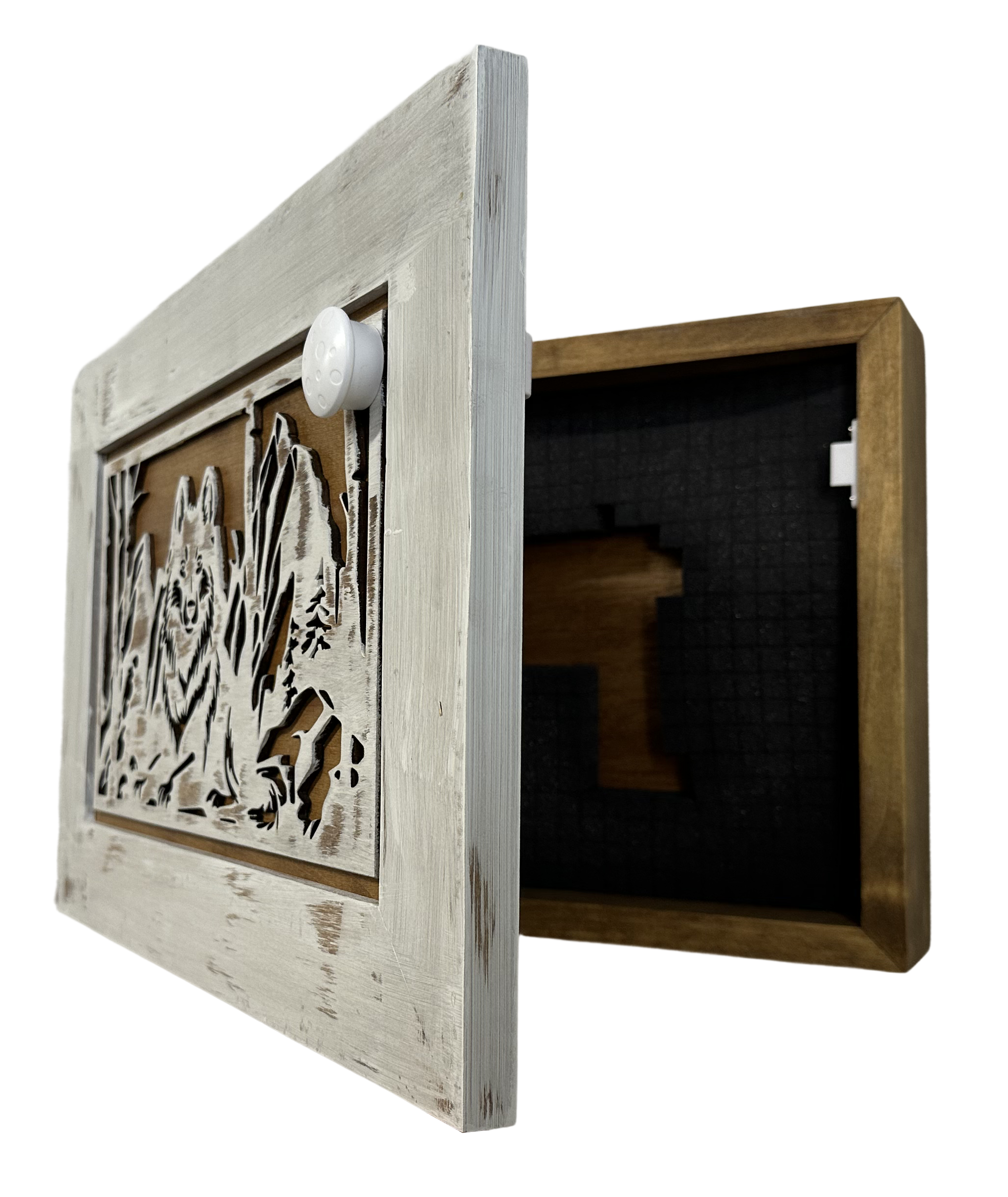 White Wolf Gun Concealment Furniture - Handcrafted Hidden Gun Storage Wall Decor - Hidden Gun Shelf with Magnetic Lock for Quick Access - The misfit market