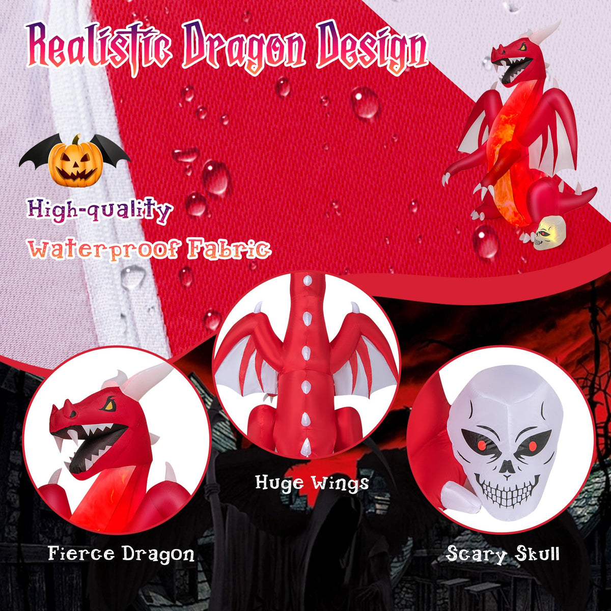 8 Feet Halloween Inflatables Blow-Up Red Dragon with Wings Skull