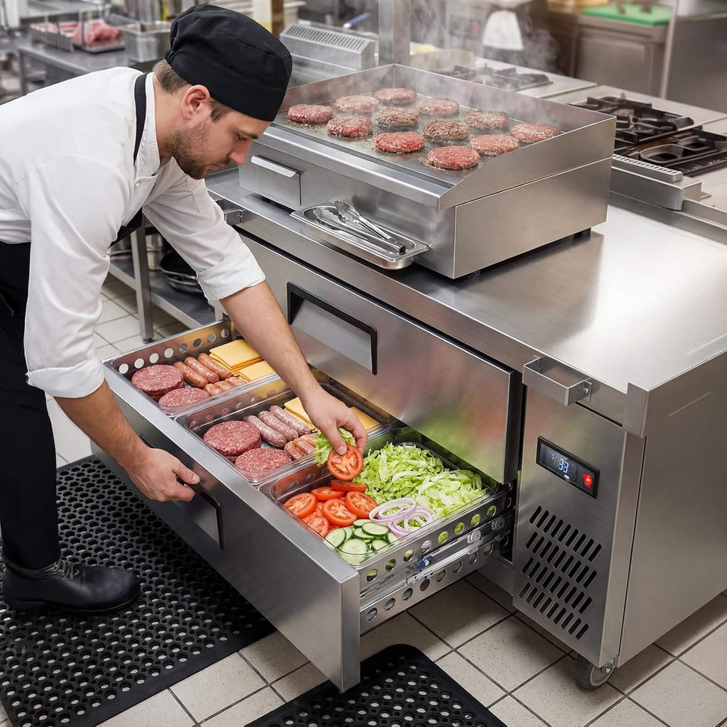 Commercial Double Drawer Undercounter Worktop Fridge With Chef Base & Wheels (SAK80596)