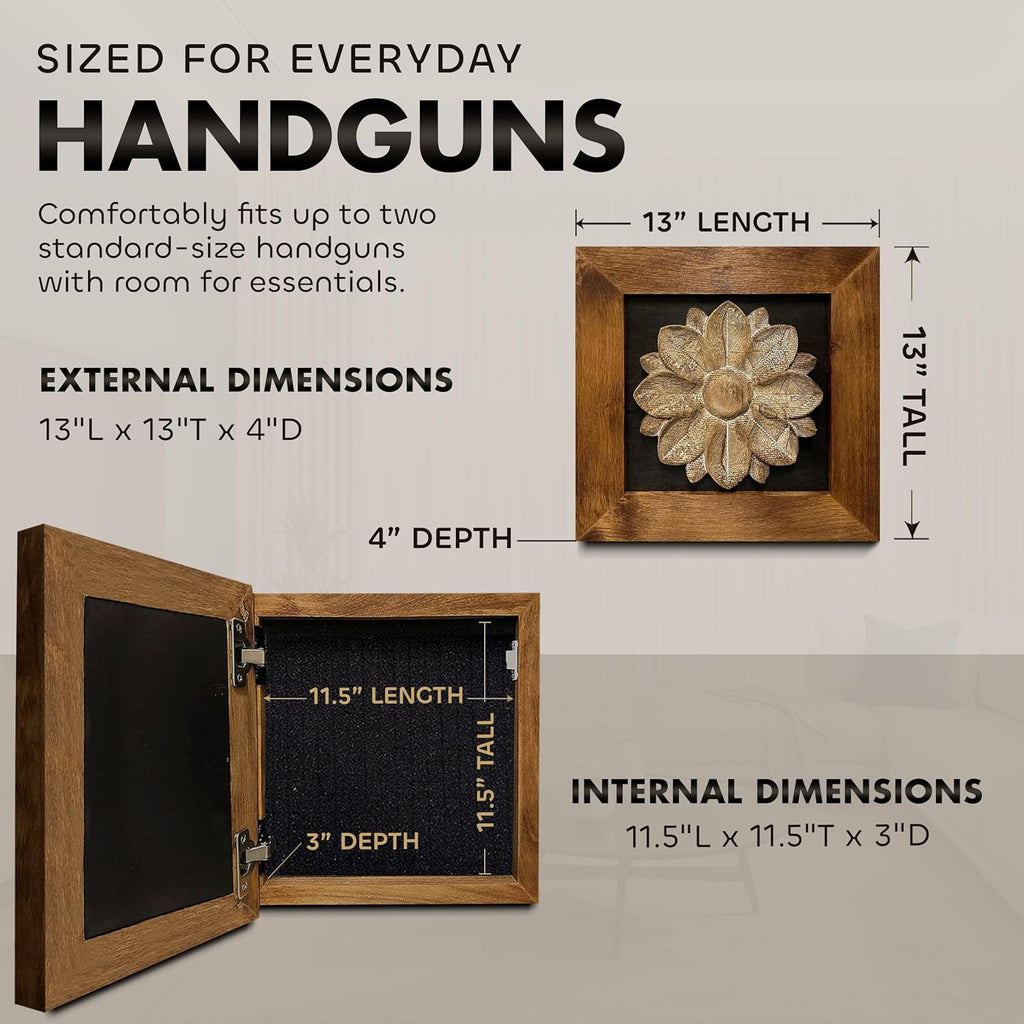 Wild Flower Hidden Gun Storage Wall Decor - Handcrafted Gun Concealment Furniture - Quick Access Handgun Safe with Magnetic Lock - Secure Hidden Wall Safe - USA Made (Black) - The misfit market