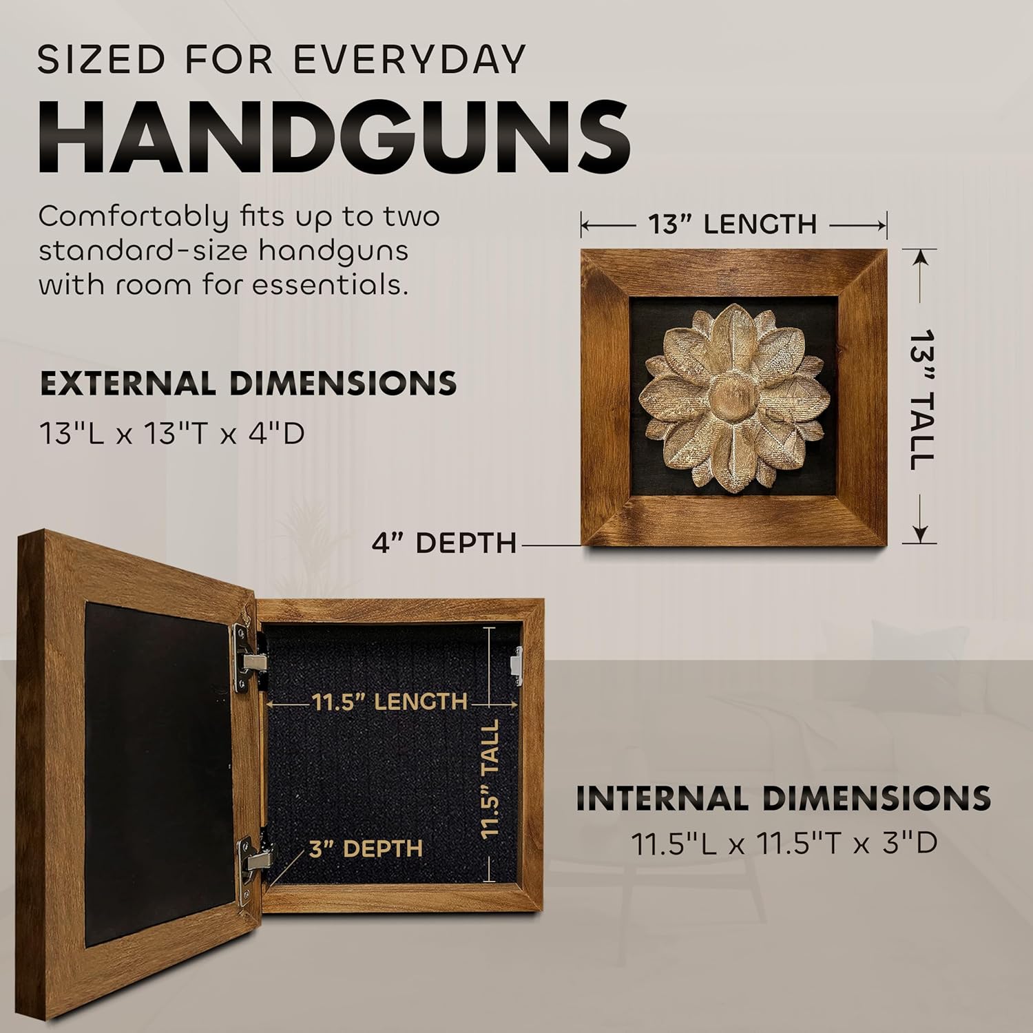 Wild Flower Hidden Gun Storage Wall Decor - Handcrafted Gun Concealment Furniture - Quick Access Handgun Safe with Magnetic Lock - Secure Hidden Wall Safe - USA Made (Black) - The misfit market