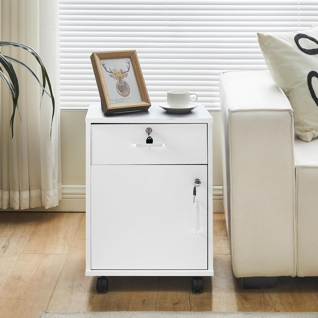 White Mobile File Cabinet With Lockable Drawer And Door - The misfit market