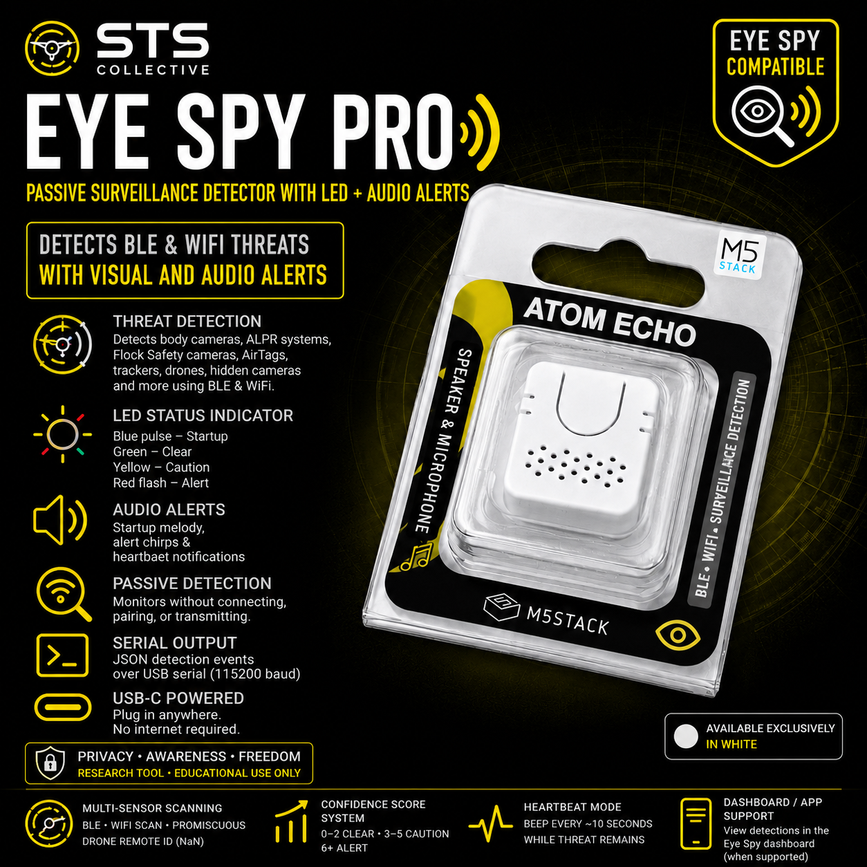 Eye Spy Pro Passive Surveillance Detector with LED + Audio Alerts BLE, WiFi, ALPR, AirTag & Camera Awareness Tool