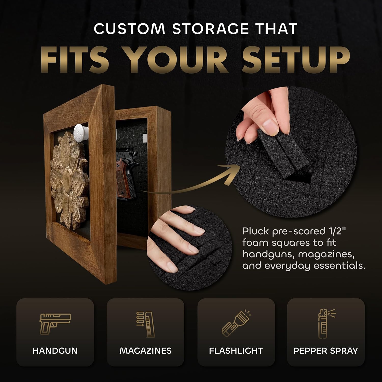 Wild Flower Hidden Gun Storage Wall Decor - Handcrafted Gun Concealment Furniture - Quick Access Handgun Safe with Magnetic Lock - Secure Hidden Wall Safe - USA Made (Black) - The misfit market