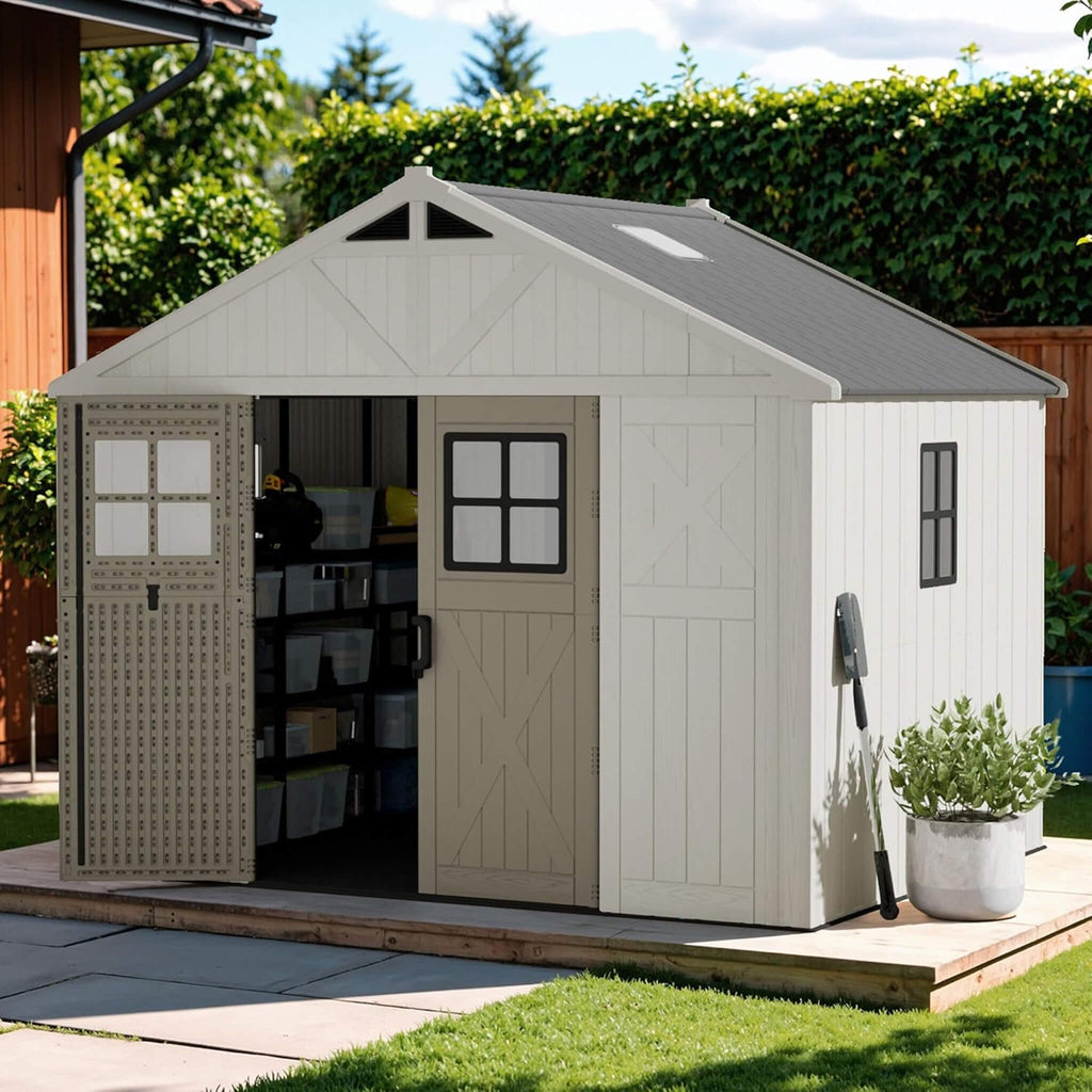Alora Large Resin Outdoor Storage Shed With Floor, Windows, And Lockable Door (SAK98421)