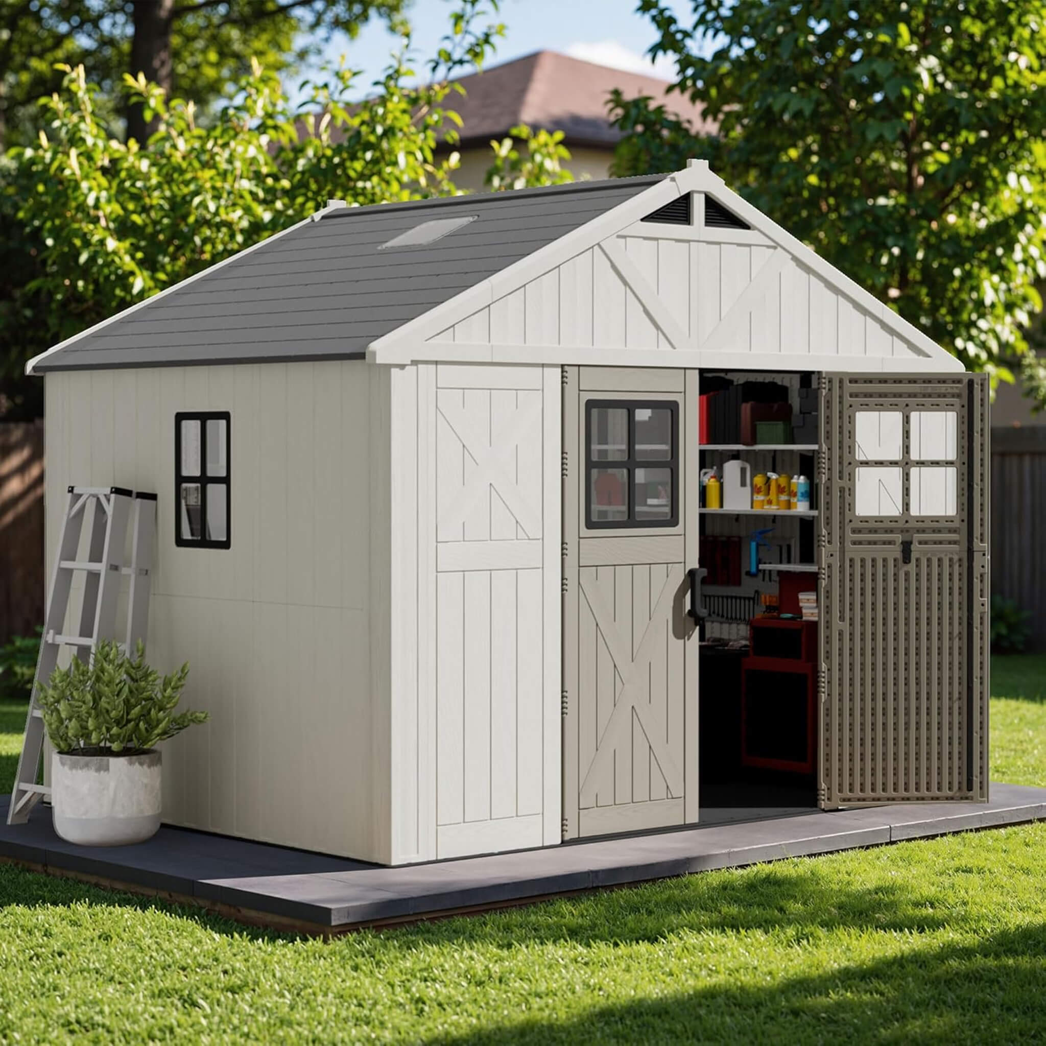 Alora Large Resin Outdoor Storage Shed With Floor, Windows, And Lockable Door (SAK98421)