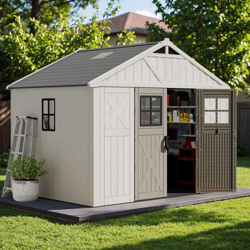 A small shed with a gray shingled gable roof, off-white siding, one front door with a window, a side window, and an open side door showing storage shelves inside, set on a black deck in a backyard with grass, trees, and a house in the background.