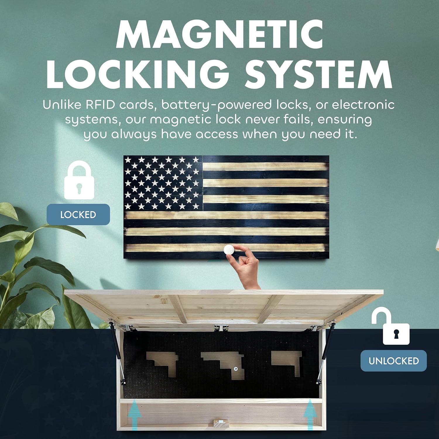 Large American Flag Gun Safe - Quick Access Hidden Gun Safe for Rifles, Shotguns, & Handguns - Gun Concealment Furniture with Magnetic Lock - Gun Self Hidden Storage (Black) - The misfit market