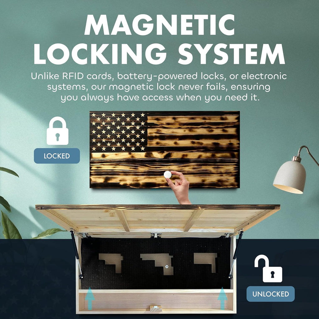 Large American Flag Gun Safe - Quick Access Hidden Gun Safe for Rifles, Shotguns, & Handguns - Gun Concealment Furniture with Magnetic Lock - Gun Self Hidden Storage (Burnt) - The misfit market