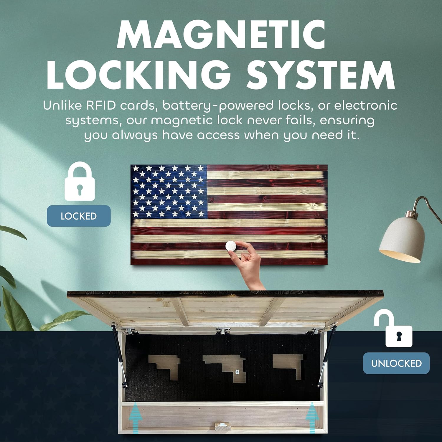 Large American Flag Gun Safe - Quick Access Hidden Gun Safe for Rifles, Shotguns, & Handguns - Gun Concealment Furniture with Magnetic Lock - Gun Self Hidden Storage (Red and Blue) - The misfit market