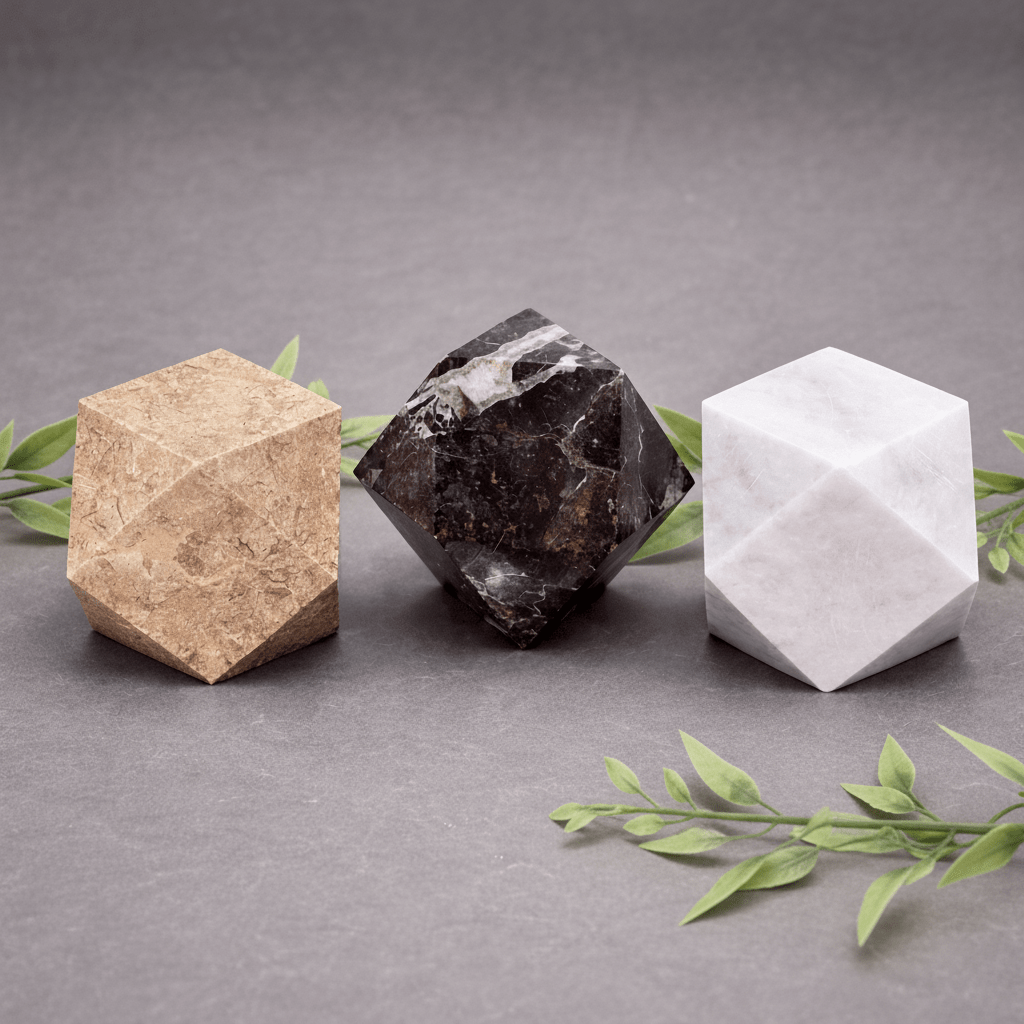 Three geometric stone sculptures on a gray surface with green leaves.