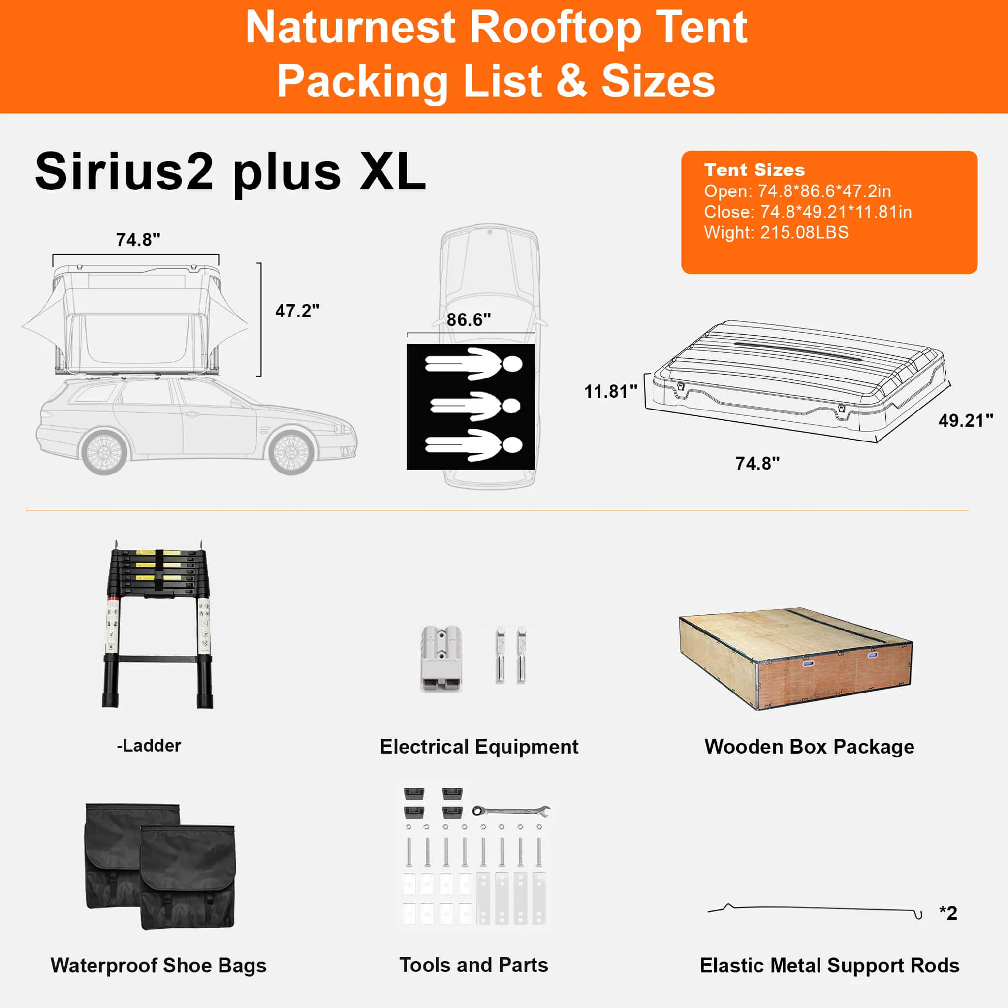 Naturnest Sirius 2 Plus XL Premium 4-Person Clamshell Rooftop Tent (SAK74092)
