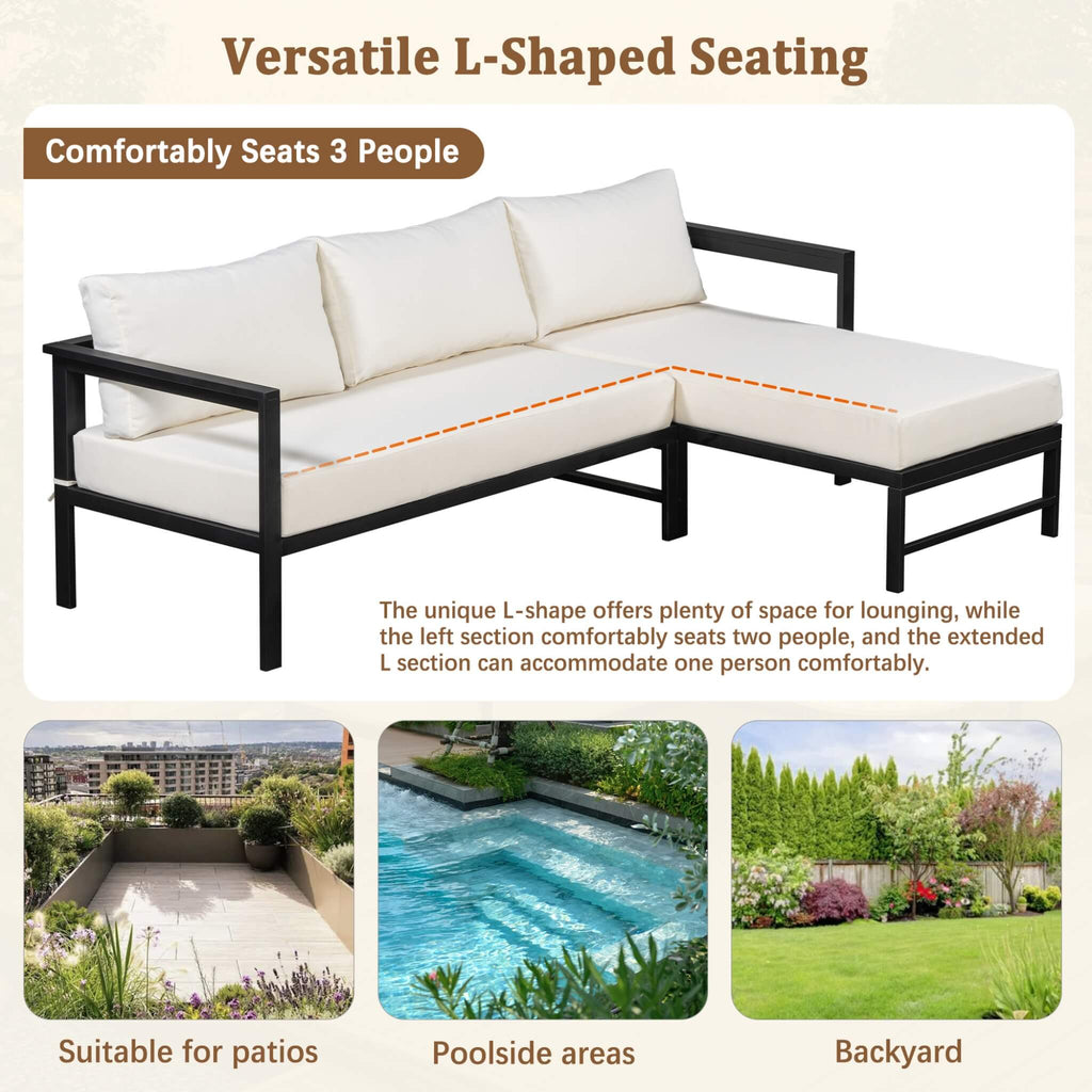 Alora Outdoor 3-Person L-Shaped Patio Sofa With Iron Frame And Thick Cushions [No Coffee Table] (SAK70213)