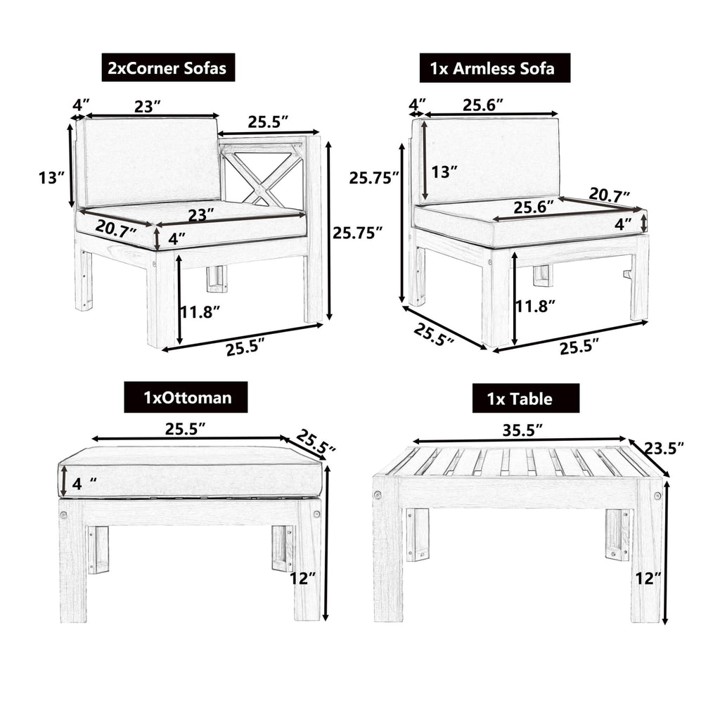 Alora 5-Piece Outdoor Patio Wood Sectional Sofa Set With Cushions (SAK31297)