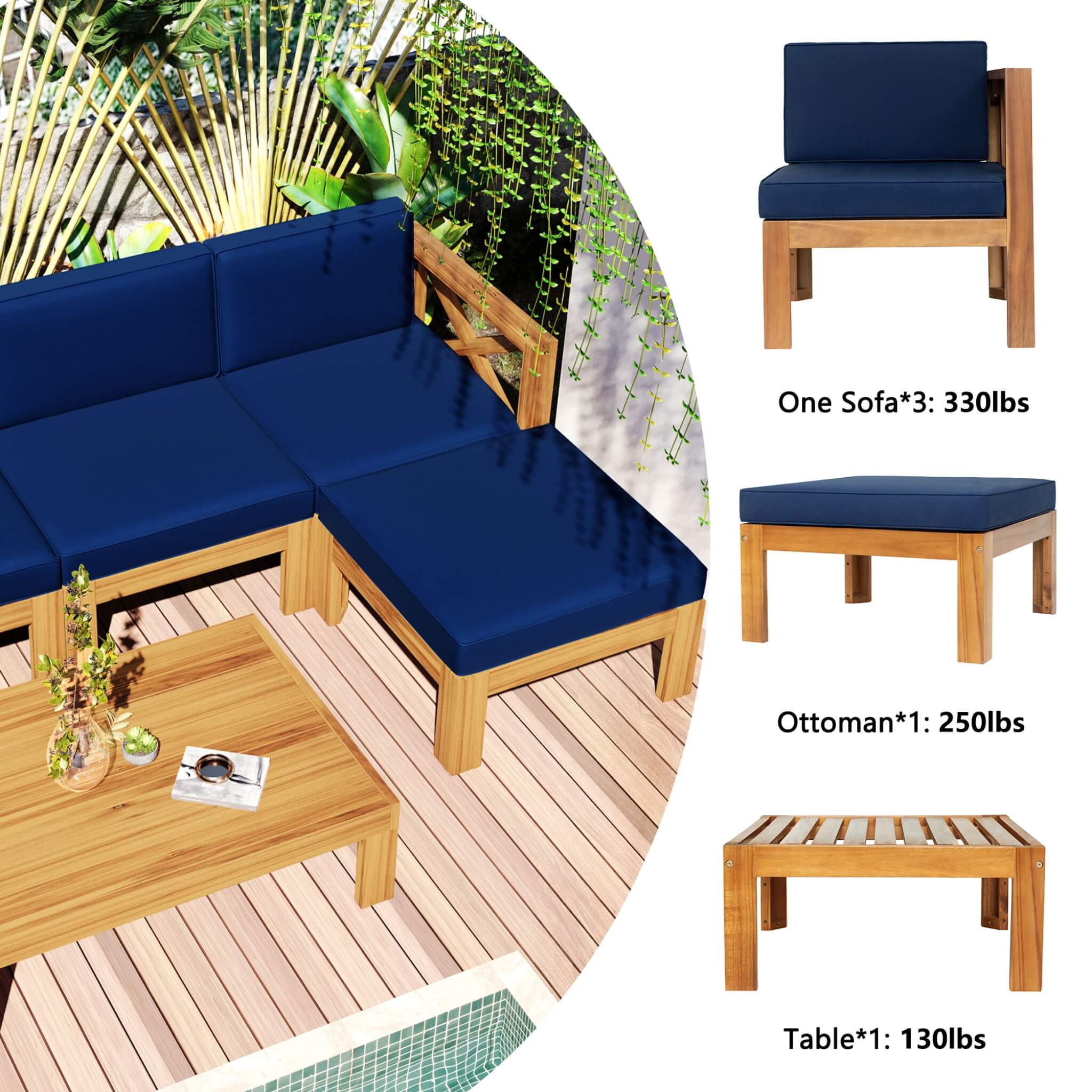 Alora 5-Piece Outdoor Patio Wood Sectional Sofa Set With Cushions (SAK31297)
