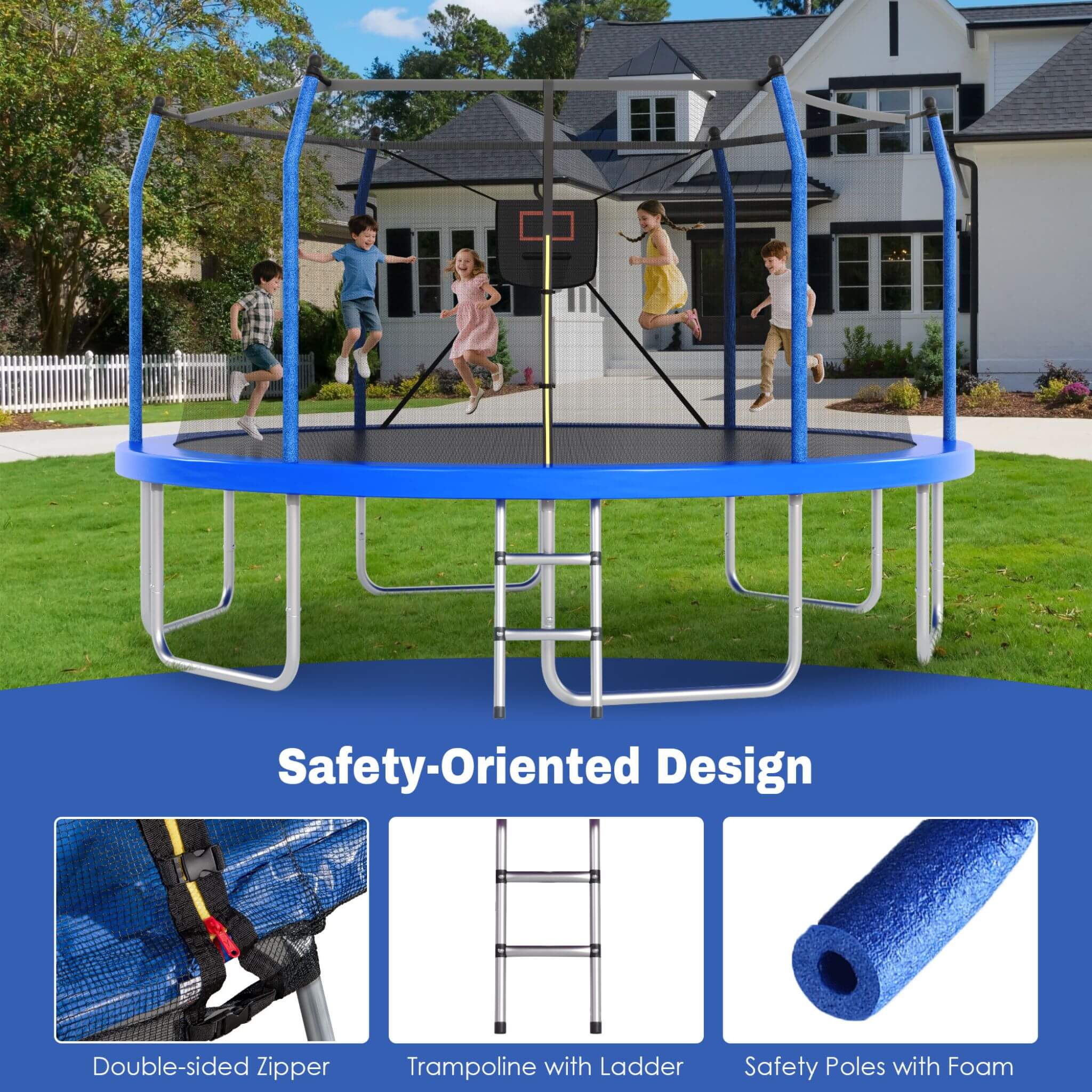 Outdoor Trampoline With LED Lights And Basketball Hoop (SAK69305)