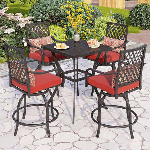 Outdoor patio set with four high chairs and a table on a stone patio.