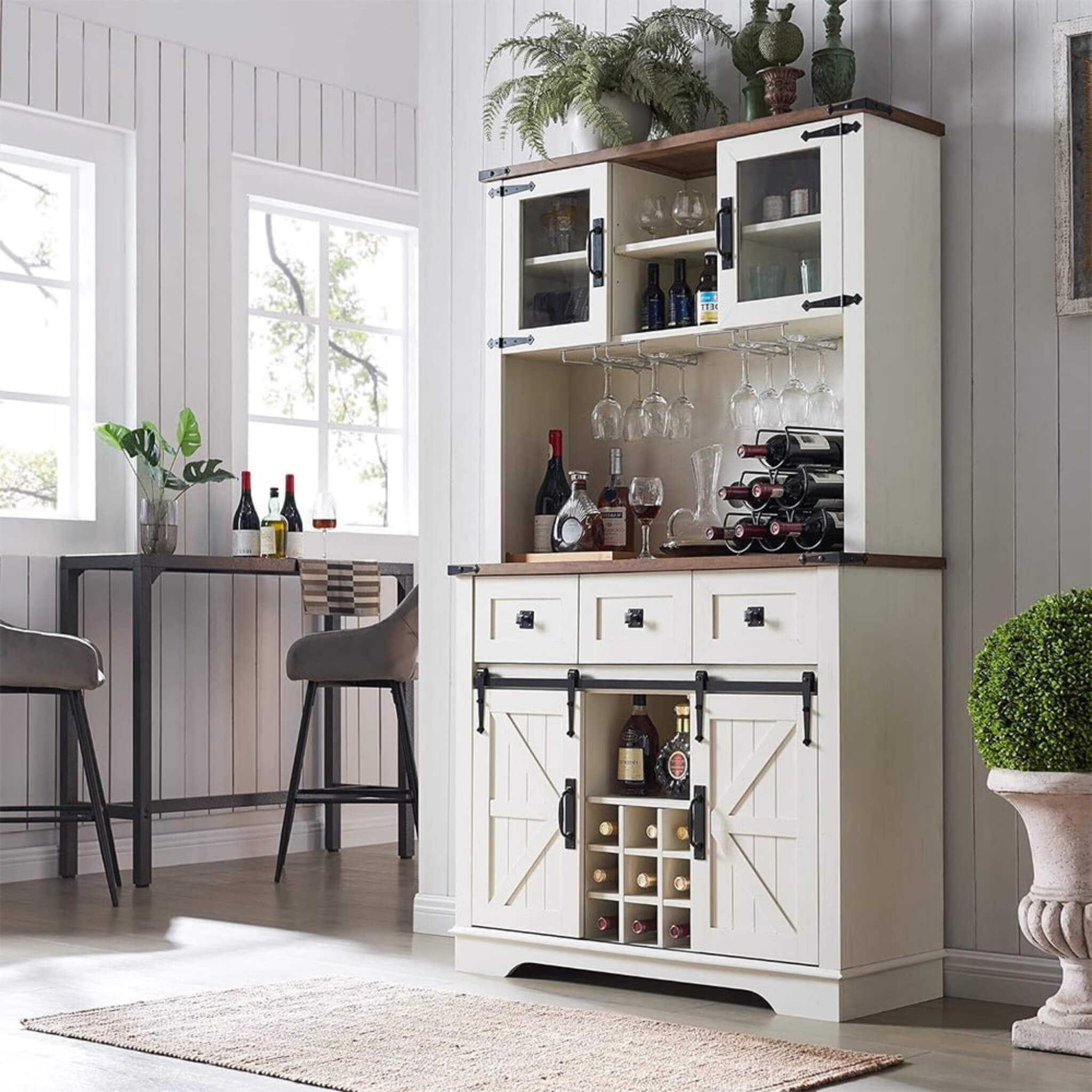 Nuvia Premium 72-Inch Home Bar Wine Cabinet W/ Sliding Barn Door (SAK12947)