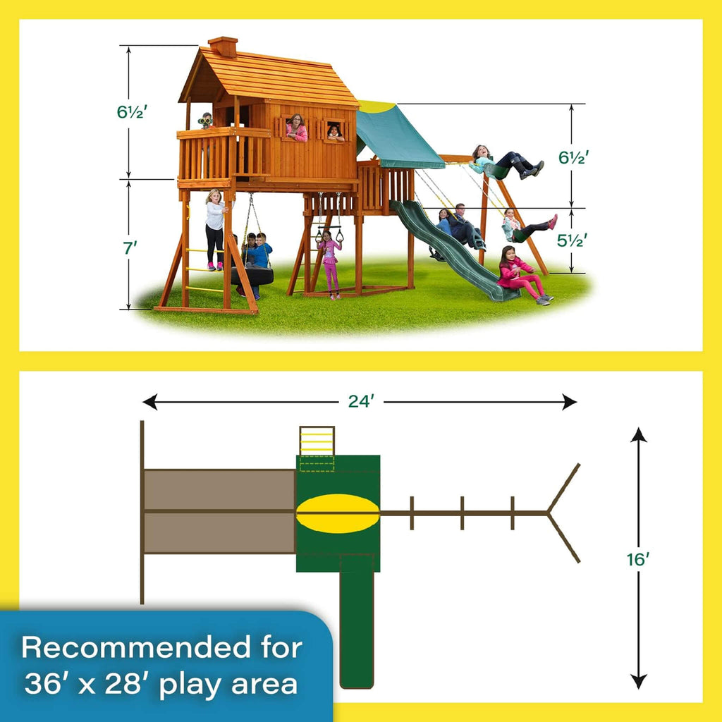 Premium Cedar Wood Tree House Swing Set With Built-In Covered Porch, Chimney, Monkey Bars And Slide (SAK18427)