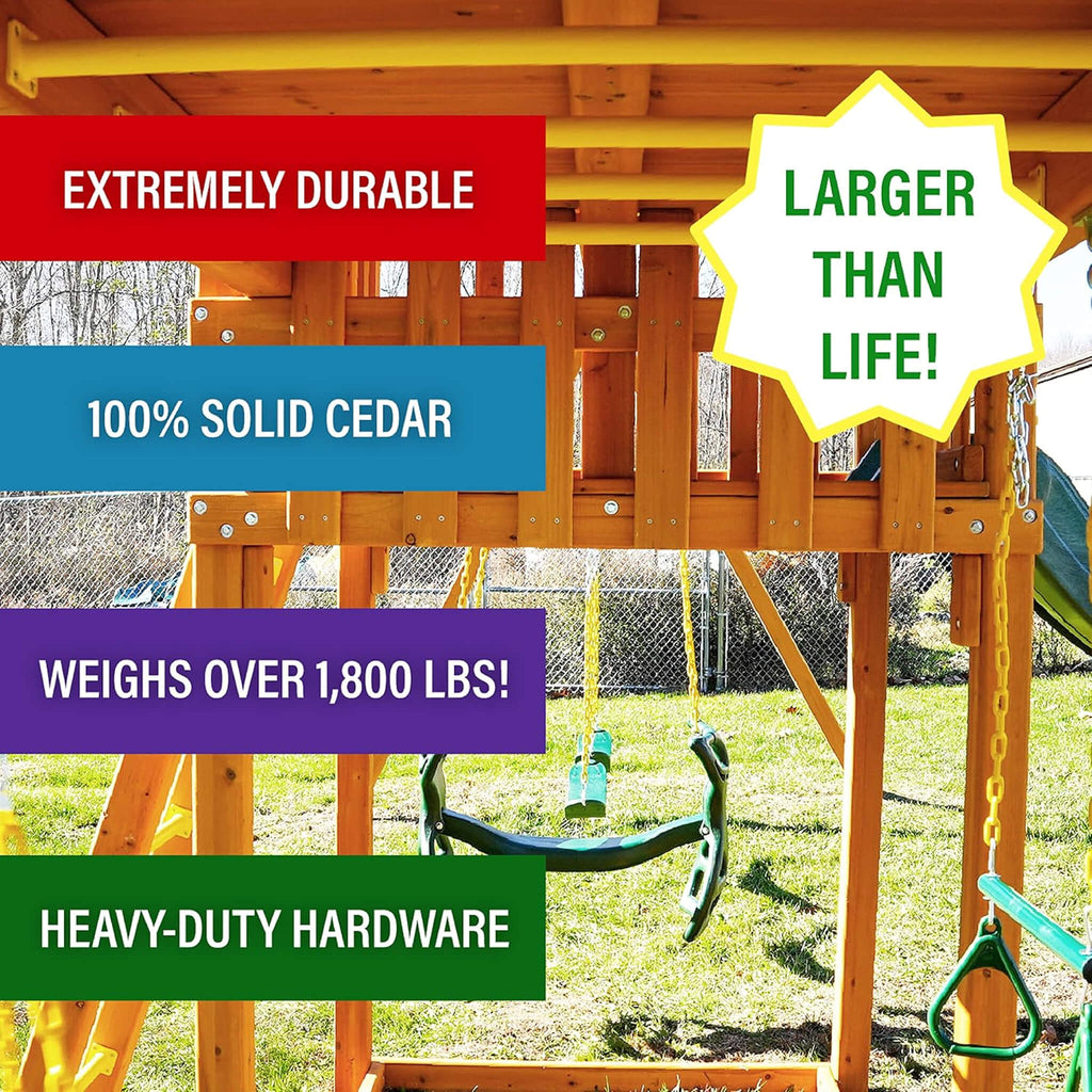 Premium Cedar Wood Tree House Swing Set With Built-In Covered Porch, Chimney, Monkey Bars And Slide (SAK18427)