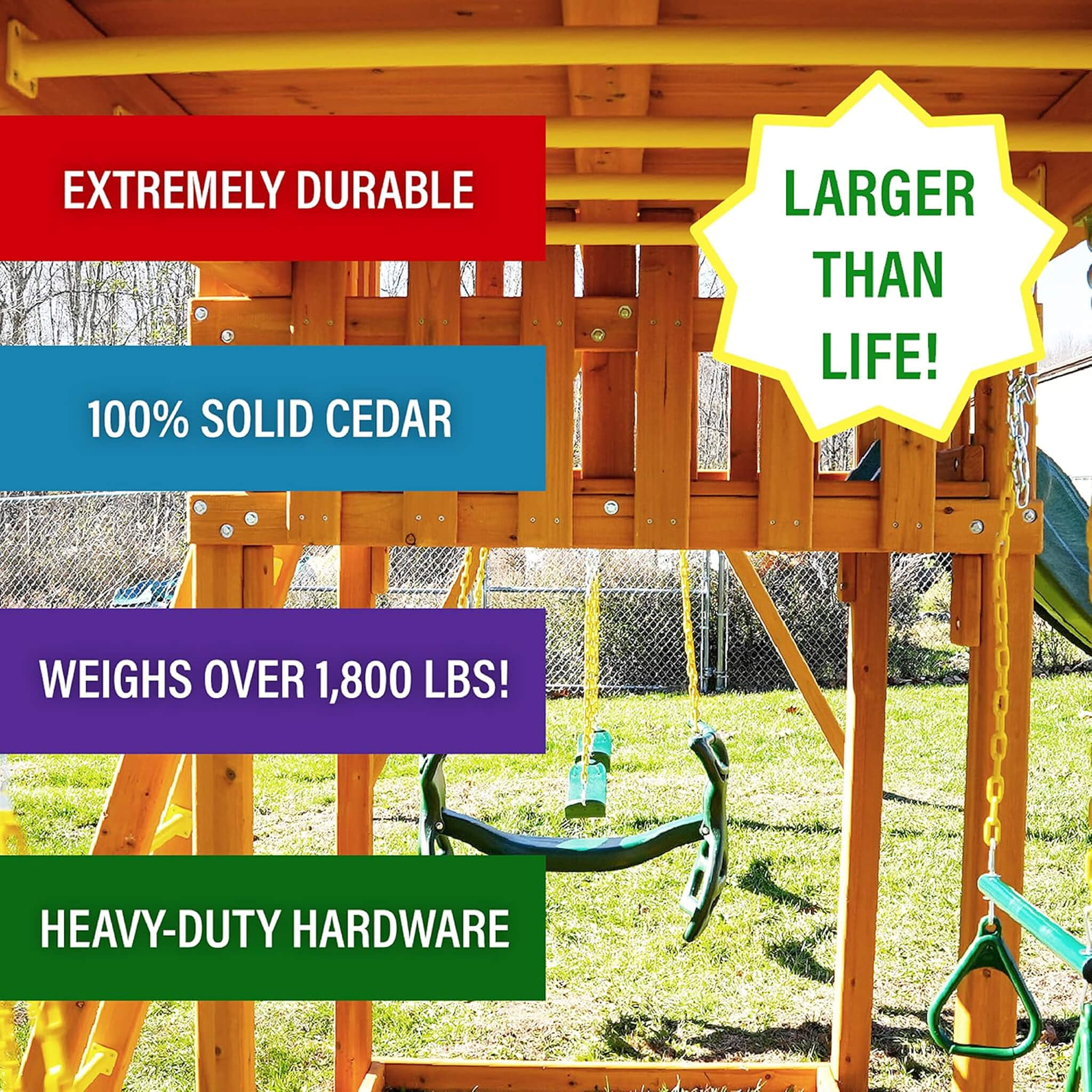 Premium Cedar Wood Tree House Swing Set With Built-In Covered Porch, Chimney, Monkey Bars And Slide (SAK18427)