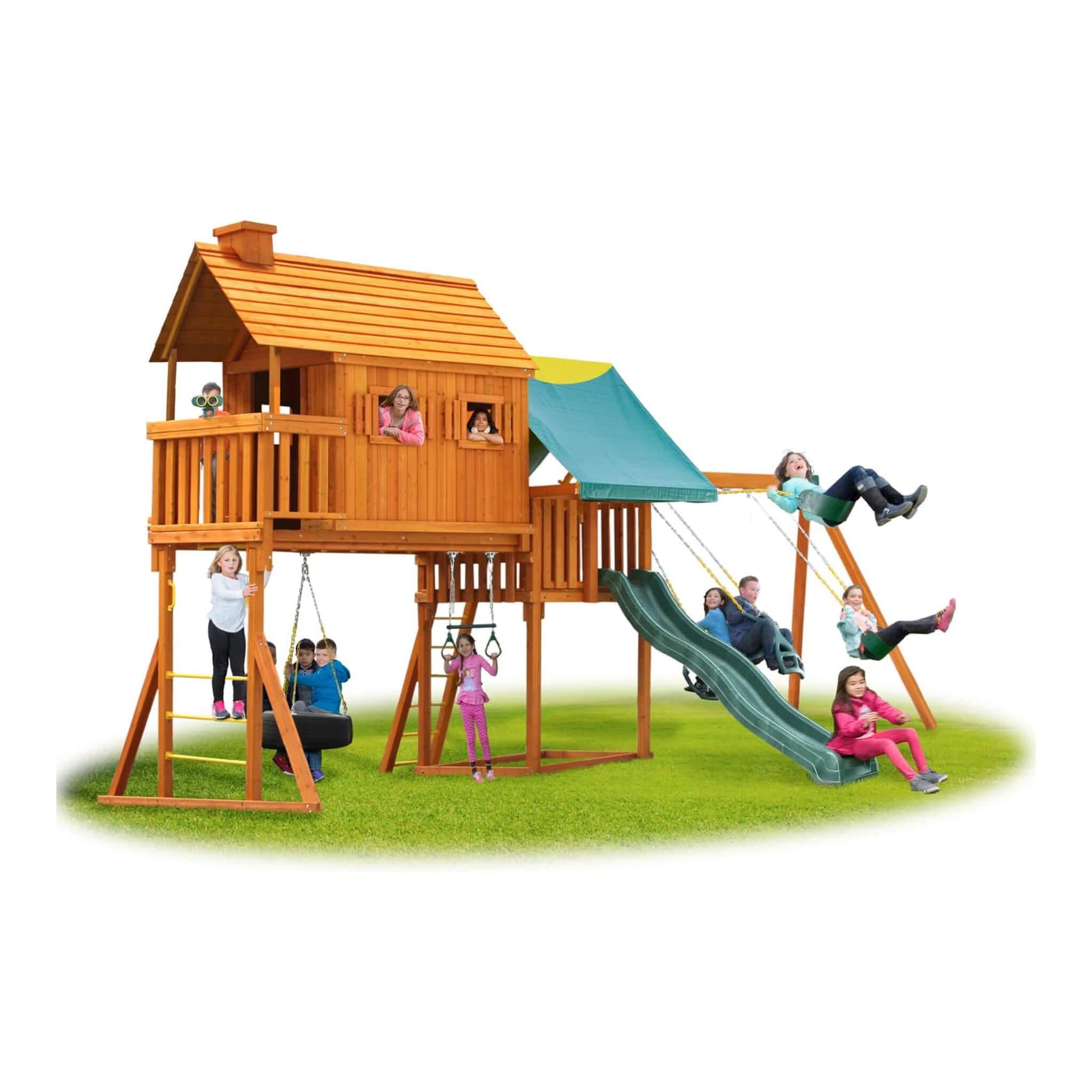 Premium Cedar Wood Tree House Swing Set With Built-In Covered Porch, Chimney, Monkey Bars And Slide (SAK18427)