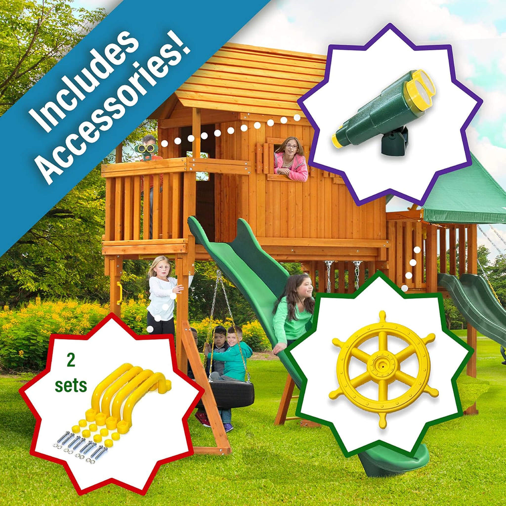 Premium Cedar Wood Tree House Swing Set With Clubhouse, Wave Slide And Scoop Slide (SAK30746)