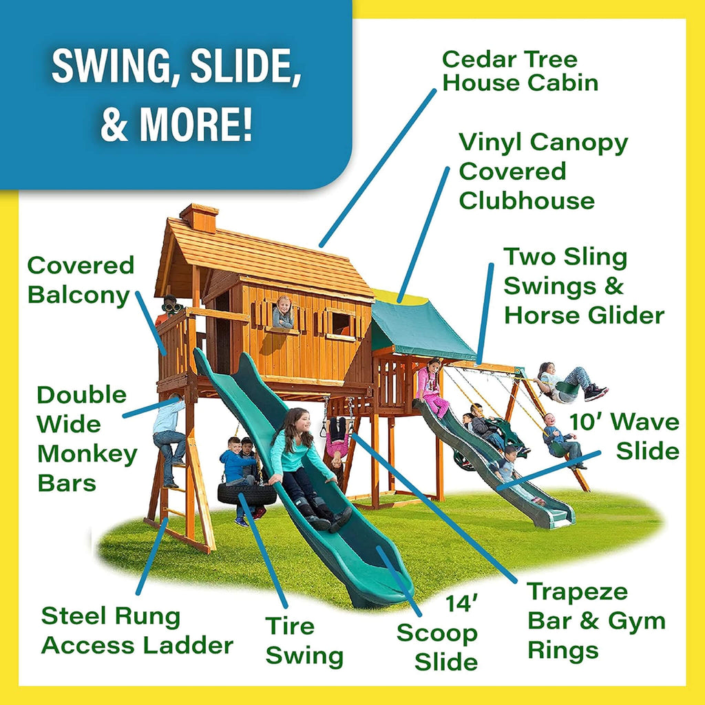 Premium Cedar Wood Tree House Swing Set With Clubhouse, Wave Slide And Scoop Slide (SAK30746)