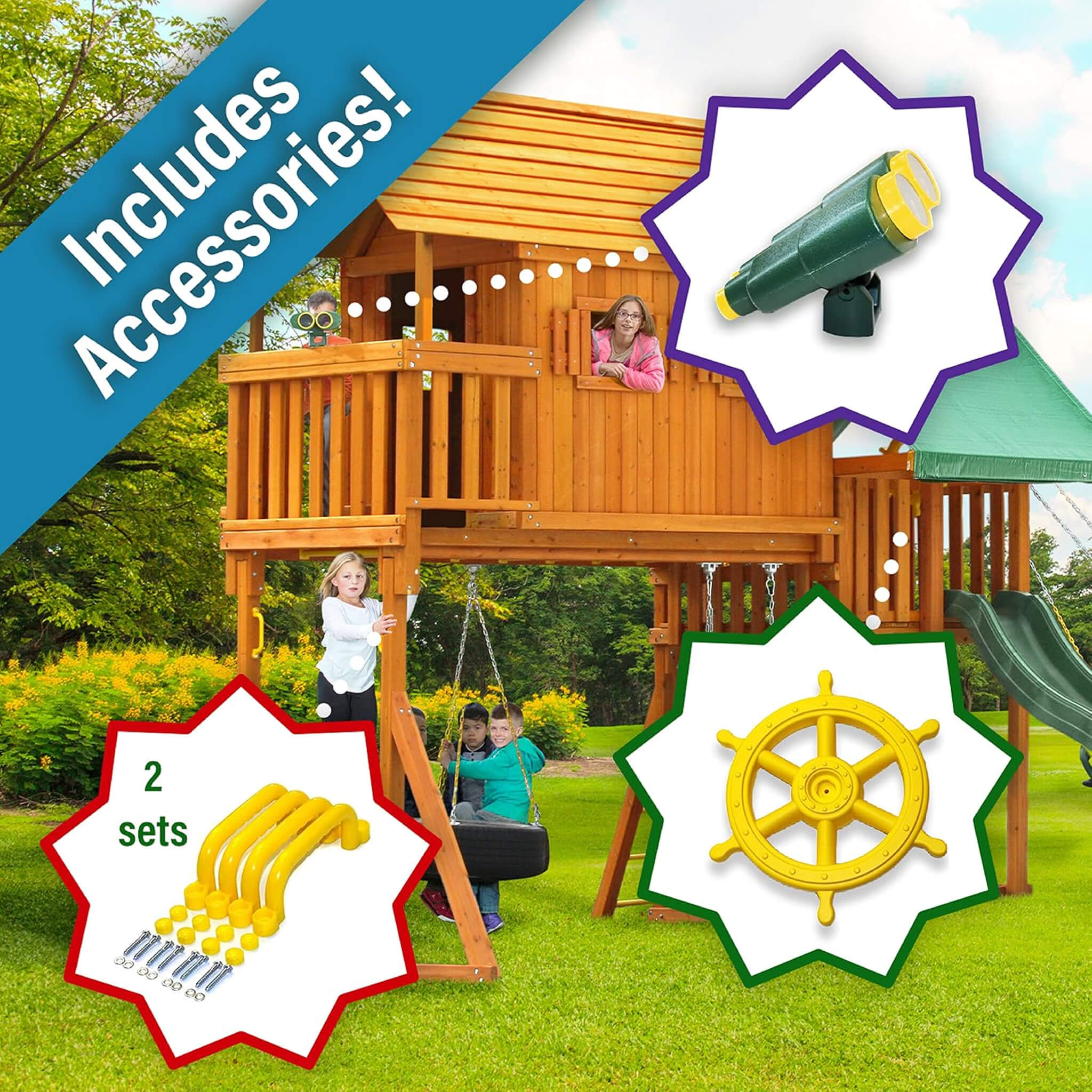 Premium Cedar Wood Tree House Swing Set With Clubhouse, Wave Slide And Spiral Slide (SAK29581)