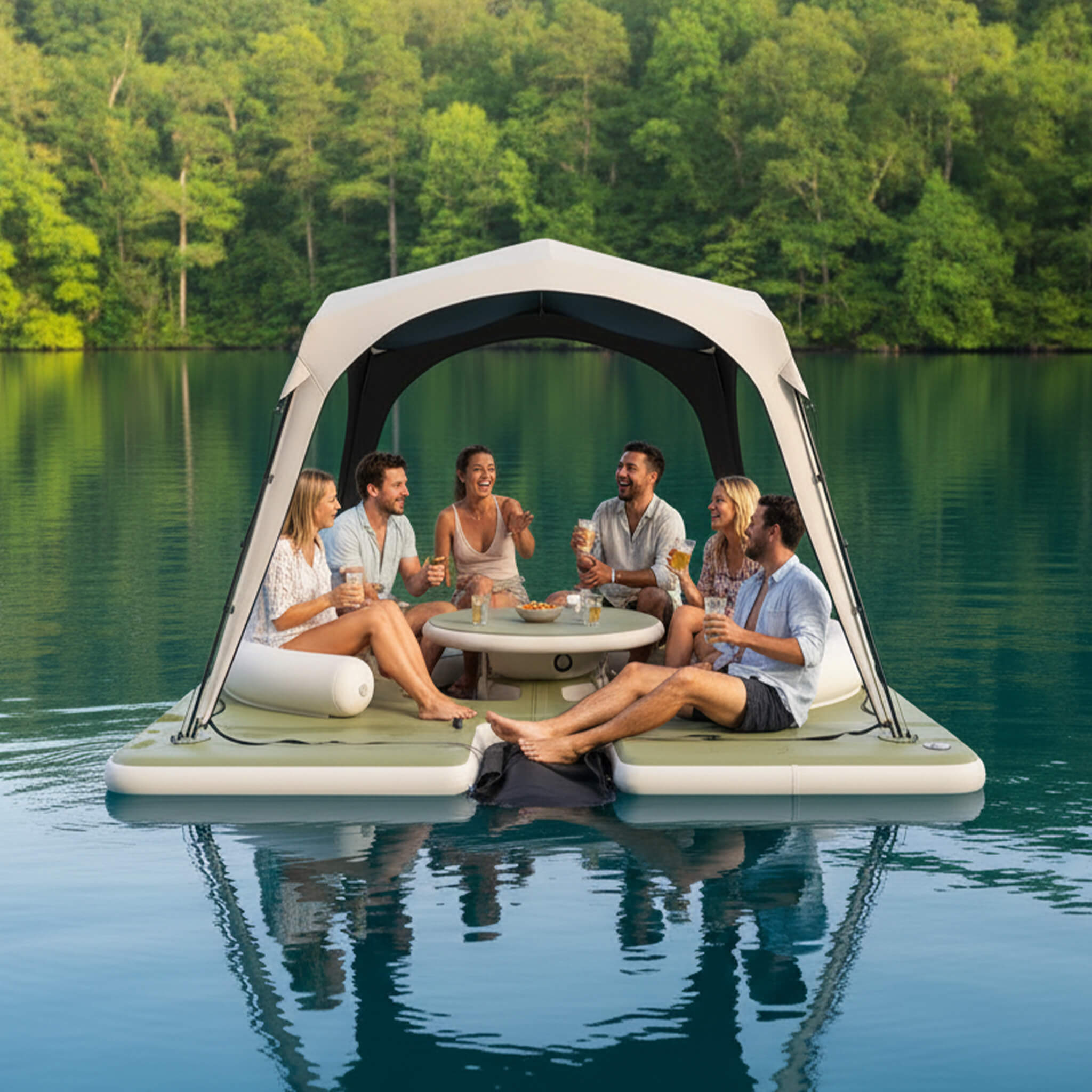 [11X11FT] Premium Floating Dock Lounge With With Ladder, Double Seats, Table, And Canopy (SAK49273)