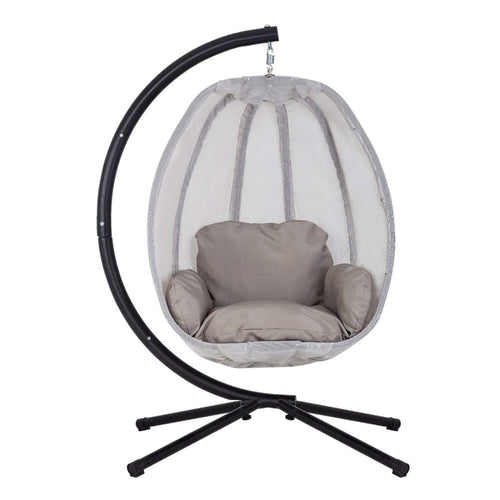 Hanging chair with a black stand on a white background
