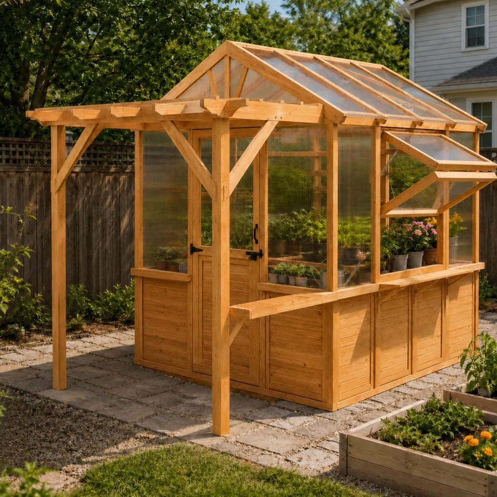 Premium Walk-In Spruce Wood Greenhouse With Pergola And Shelves (SAK75890)